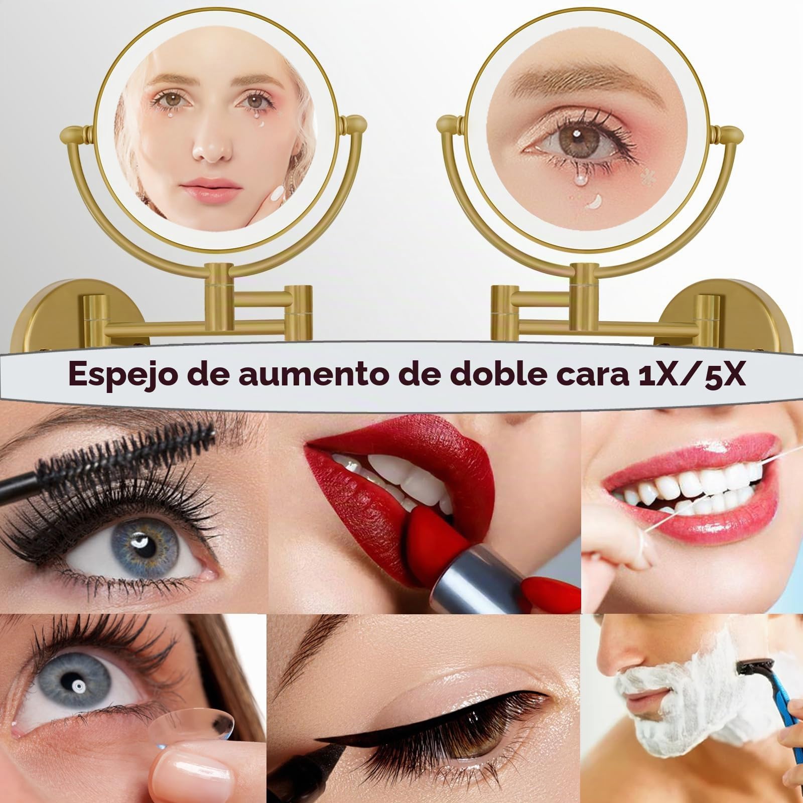 Espejo Maquillaje con Luz Recargable, Aumento 1X/5X Doble Cara Giratorio 360,Latón Espejo Baño Pared Extensible Táctil con USB, Brillo Regulable, para Hotel-Latón Moderno Cepillado, RECK10-M