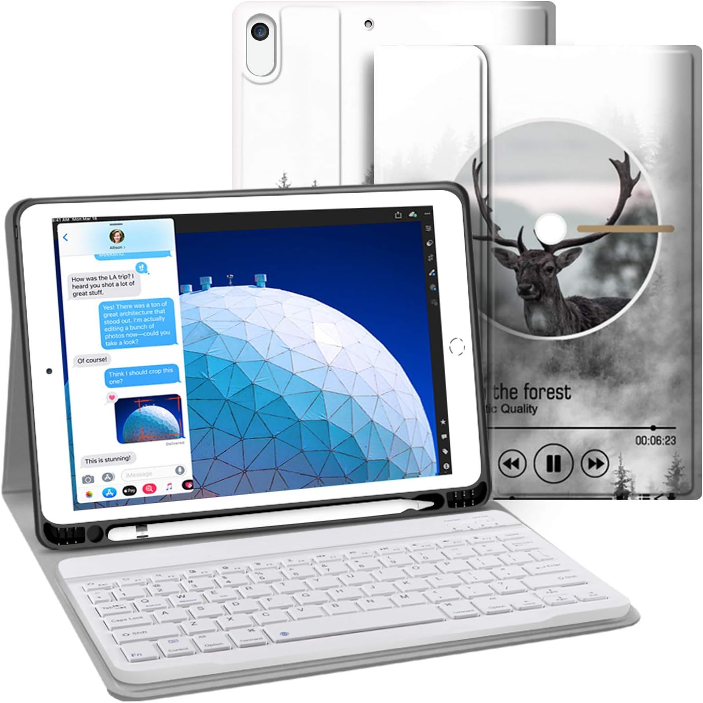 JUQITECH Keyboard Case for iPad 10.5 Air 3rd Gen 2019 iPad Pro 10.5 2017 Folio Tablet Case with Wireless Detachable BT Rechargeable Keyboard Full Protection Cover Built-in Apple Pencil Holder, Deer