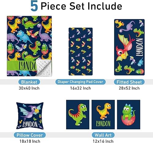 Miniatura 2 de Juego de ropa de cama personalizado para cuna de bebé, 5 piezas, regalos personalizados, juego de cama de dinosaurio con nombre para bebés, sábana