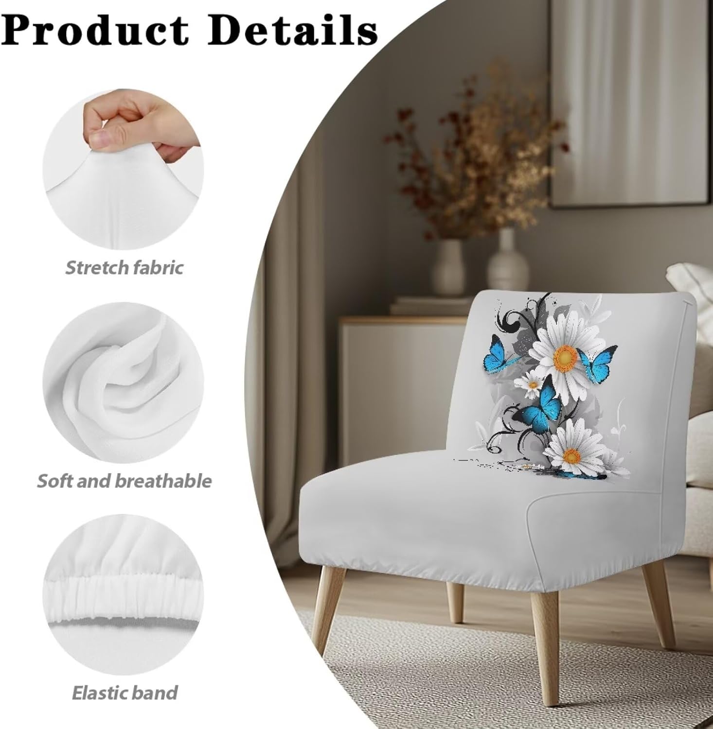 Armless Couch Cover Stretch Soft Accent Chair Covers without Arms with Elastic Band Removable Washable Small Chair Furniture Decor Protector Cover for Living Dining Room, Daisy Butterfly Gray