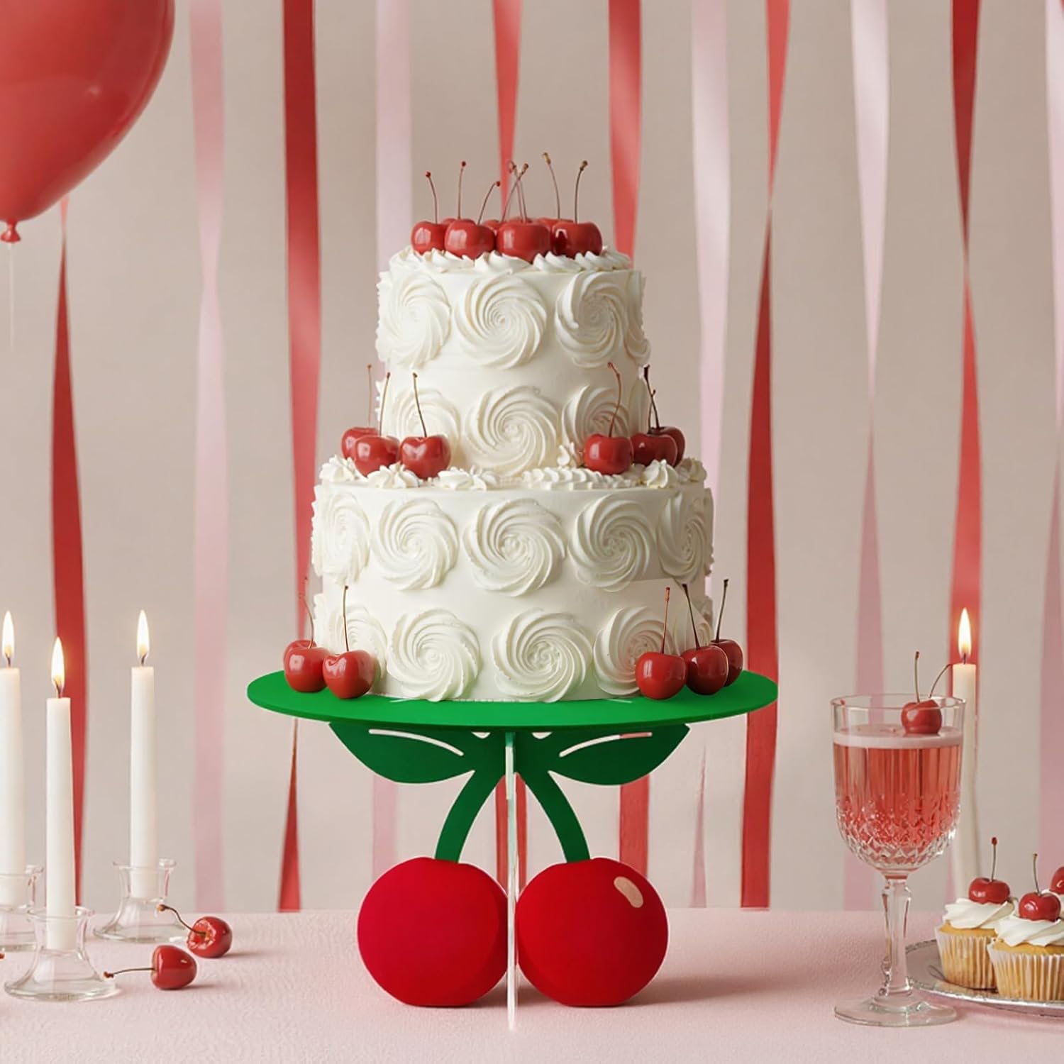 Lallisa 12" Cherry Cake Stand 3D Red and Green Cherry Party Decorations PVC Dessert Holder Centerpieces for Birthday Baby Shower Wedding Party Supplies