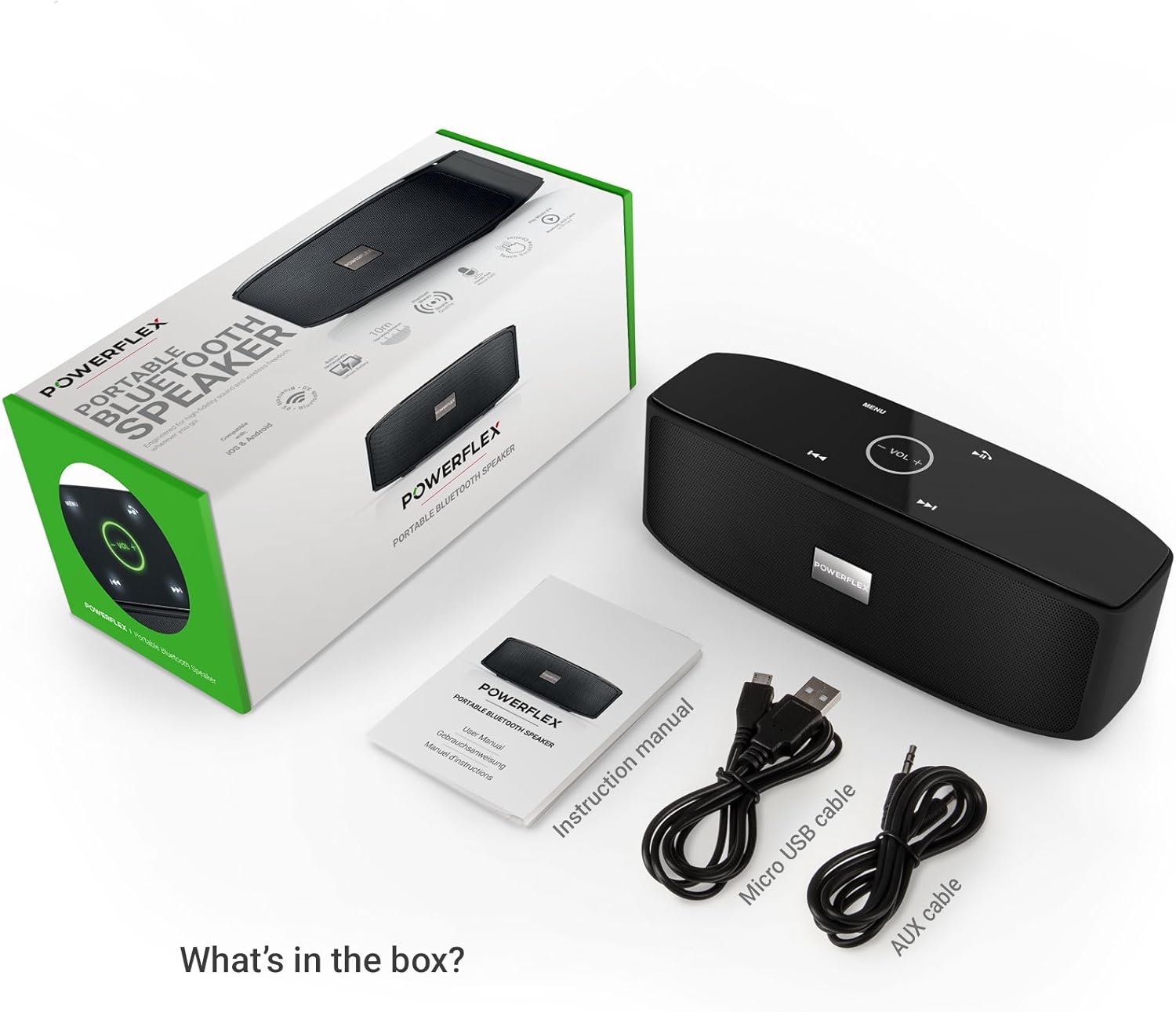 Close-up of the POWERFLEX PF-AZ01-Z003 speaker's rear panel, showing the ON/OFF switch, DC5V charging port, AUX input, and TF card slot.