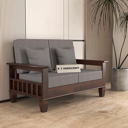 RJ HANDICRAFT Sheesham Wooden 2 Seater Sofa for Living Room | Rosewood 2 Seater Cushion Sofa with Side Newspaper Holder for Home & Office | Solid Wood Sofa Set for Lounge (Walnut, 2 Seater)