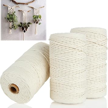 3 Rolls Macrame Cord 3mm x 200m 656ft, Natural Macrame Cotton Rope, 4-Strand Twist Soft Macrame Cotton String for Wall Hanging, DIY Craft, Gift Wrapping, Crochet, Wedding Decor, Beige
