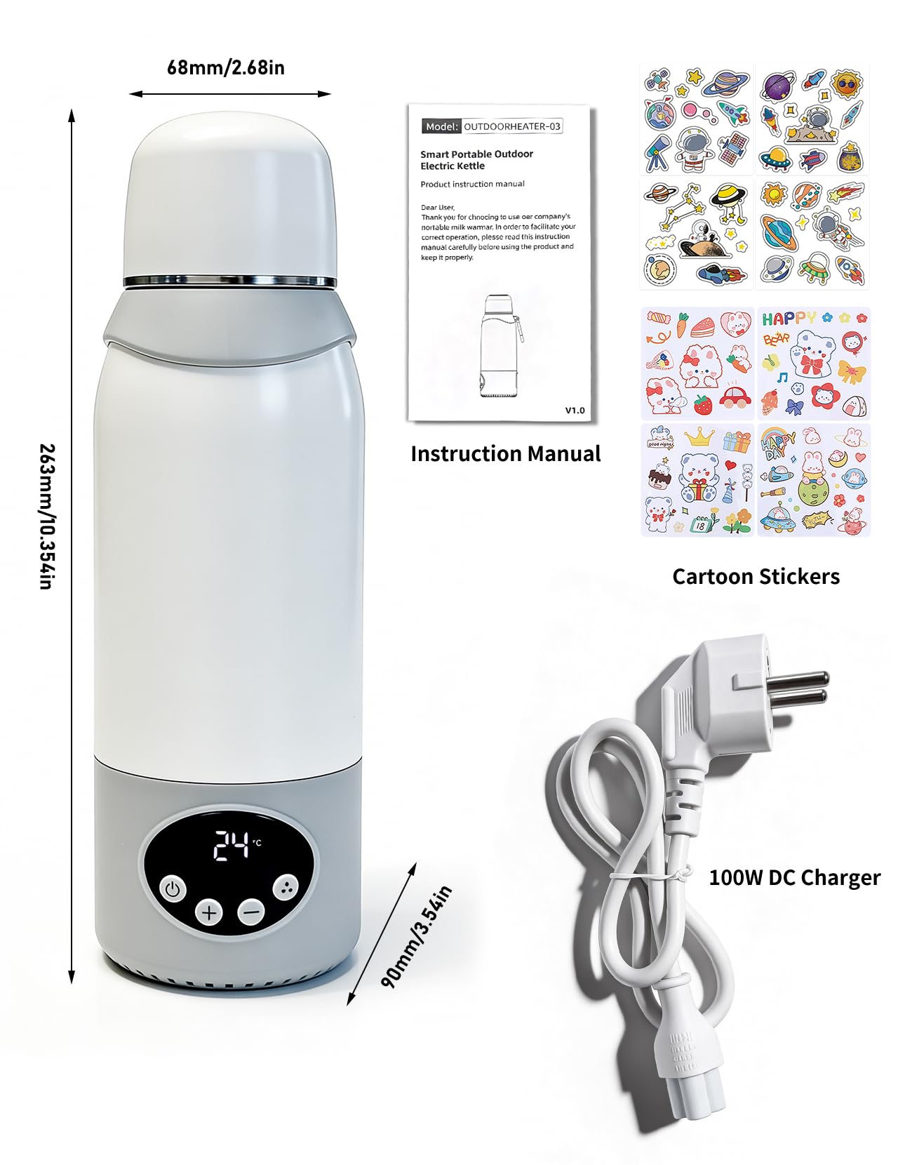 Calentador de biberones portátil para bebés de viaje, calentador de biberones de 500 ml, calentamiento rápido de 320 W, soporta 37 – 100 ℃, 8 pegatinas de dibujos animados, batería de 12000 mAh, con