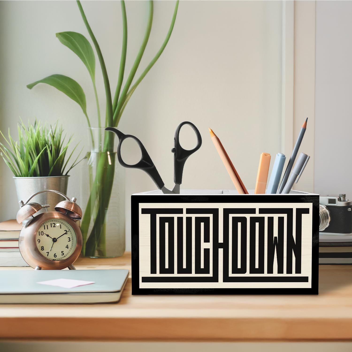 Vintage Football Touchdown Pen Holder for Desk, Black and Beige Game Day Pencil Organizer，Football Lover Fan Gifts Wooden Box Sign Desk Decor for Home Office Decoration image 3