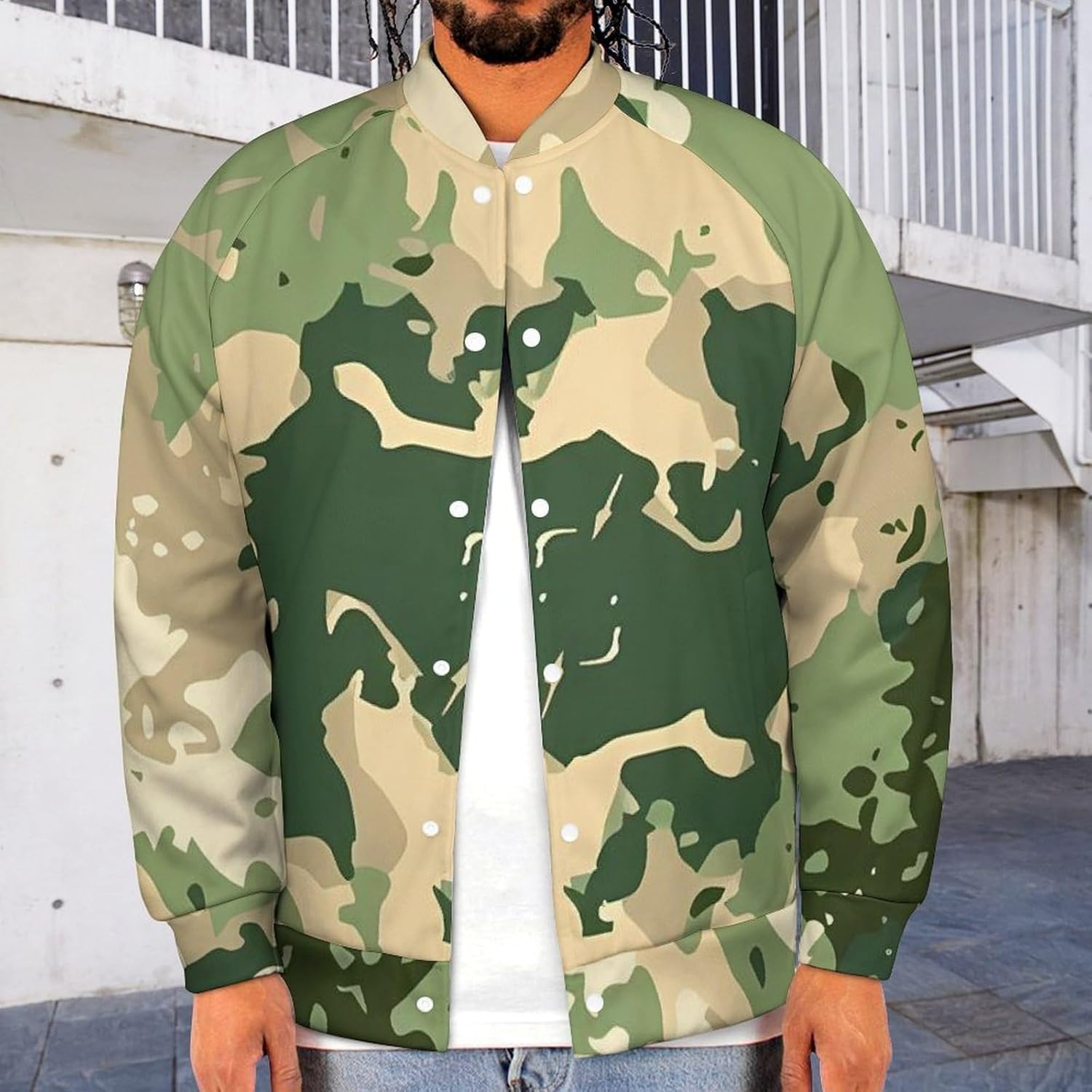 Camouflage Pattern Novelty Men's Baseball Jackets Causal Sweatshirt Button Top Long Sleeve Coat