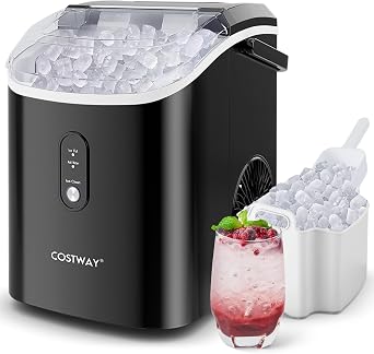 COSTWAY Nugget Countertop Ice Maker, Ready in 6 Mins, 34 lbs/24H, Ice Machine with Soft Chewable Pellet Ice, Self-Cleaning, One-Click Operation, Ice Basket & Ice Scoop for Kitchen Black
