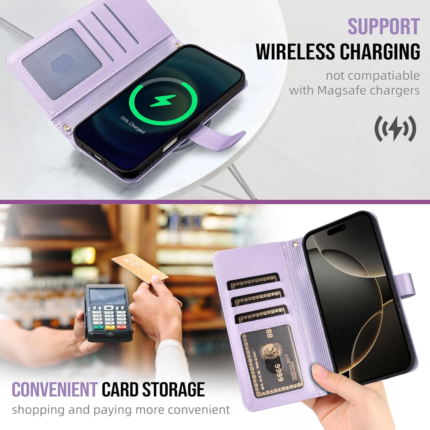 for iPhone16 PRO MAX Wallet Case with Crossbody and Wrist Strap for Women Girls,Fashion PU Leather RFID Blocking Kickstand Flip Folio Phone Cover with Card Holder and Zipper Light Purple