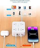 Vista 5 de Protector de sobretensiones y tira de alimentación - HANYCONY 8 salidas 4 puertos de carga USB (2 USB C), extensor de enchufe múltiple, cable