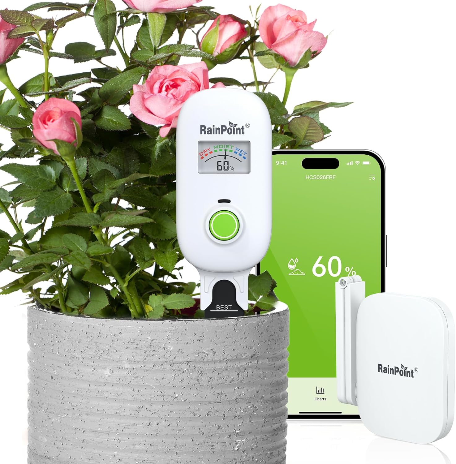 [2026 Version] RAINPOINT Visual Gauge Digital Smart Wireless Plant Moisture Meter Kit,Indoor & Outdoor Use,with WiFi Hub,Capacitive Leave-in Soil Hygrometer Sensor Garden House Plant Care Must Haves
