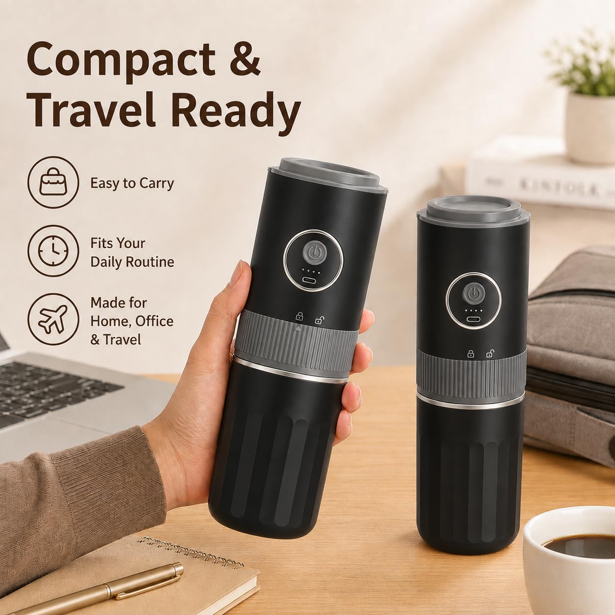 Molinillo de café eléctrico portátil 2 en 1 y kit de cafetera con batería recargable, incluye taza de viaje de acero inoxidable, para camping, viajes, oficina, uso doméstico (negro)