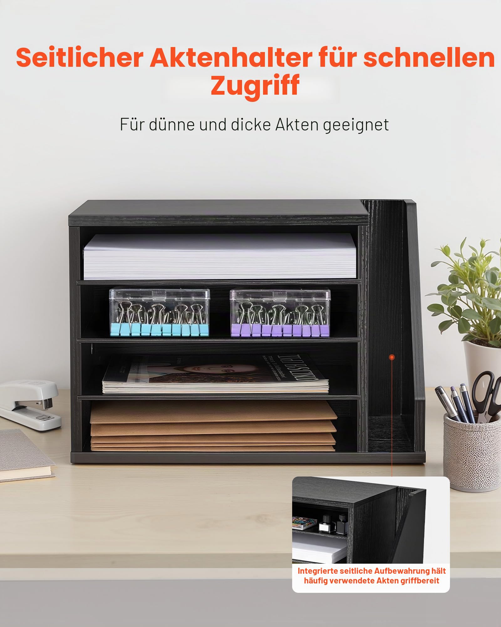 VEVOR Briefablage mit 4 Fächern & Herausnehmbaren Regalböden, Dokumentenablage aus Holz mit Stehsammler, Aktenhalter für Büro Klassenzimmer, Literaturorganizer für Akten Dokumenten Papier, Schwarz