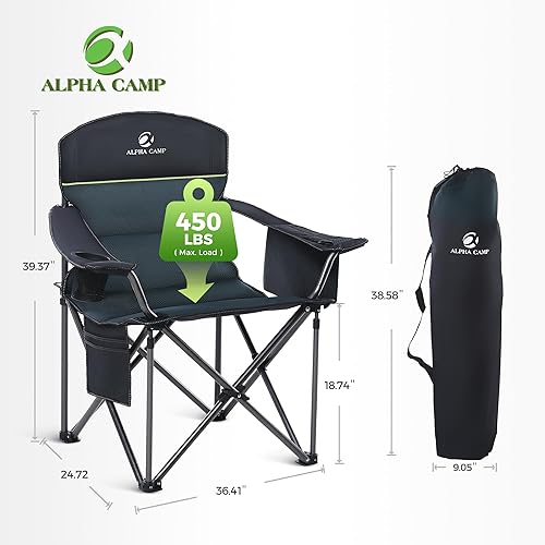 Miniatura 2 de ALPHA CAMP Silla de camping de gran tamaño, silla de césped resistente con soporte de bolsa enfriadora de 450 libras, marco de acero plegable, con