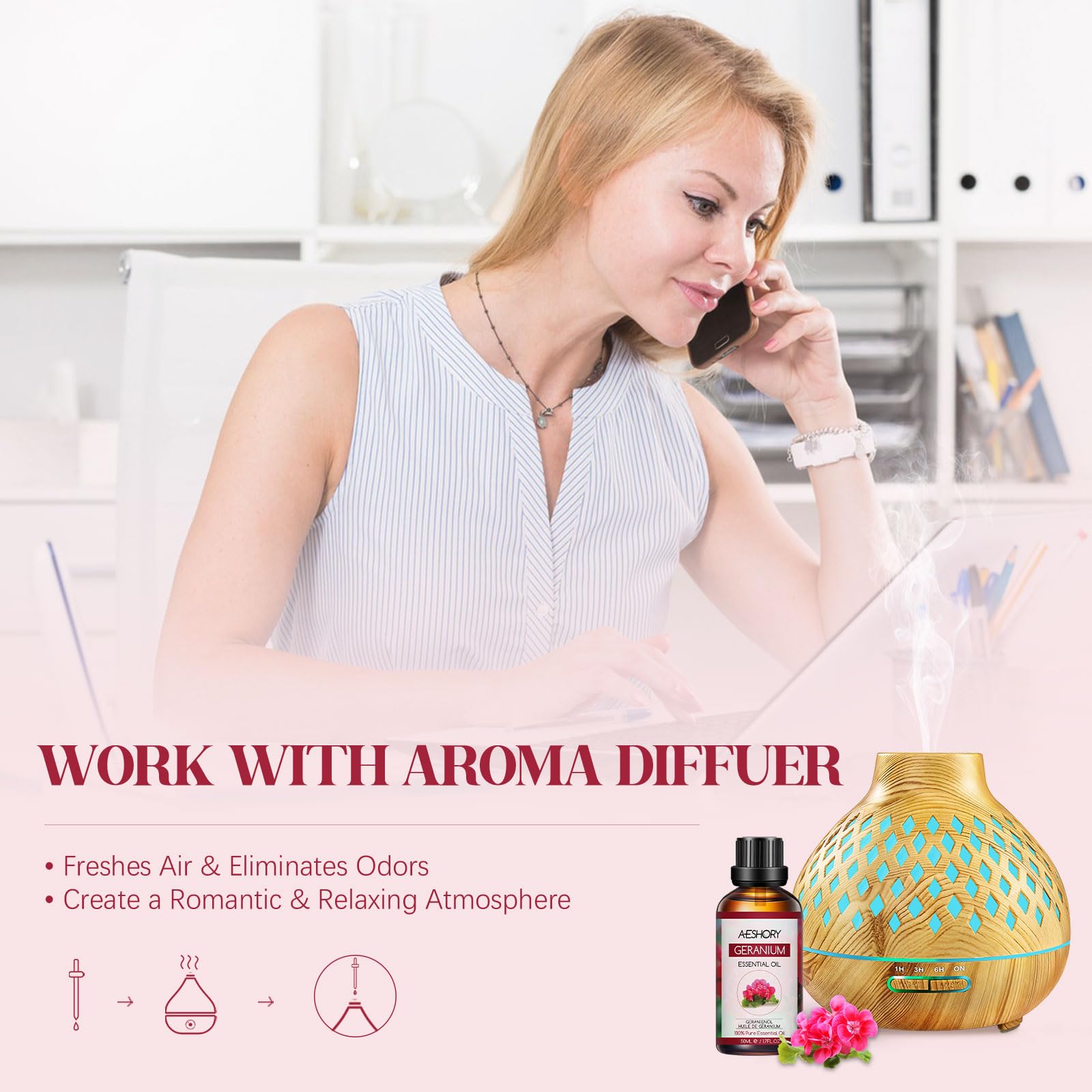 AESHORY Olio Essenziale di Geranio 50ML, Naturali Olio di Geranio, Olio Profumati Aromaterapia Premium per Diffusori, SPA, Massaggio, Cura della Pelle