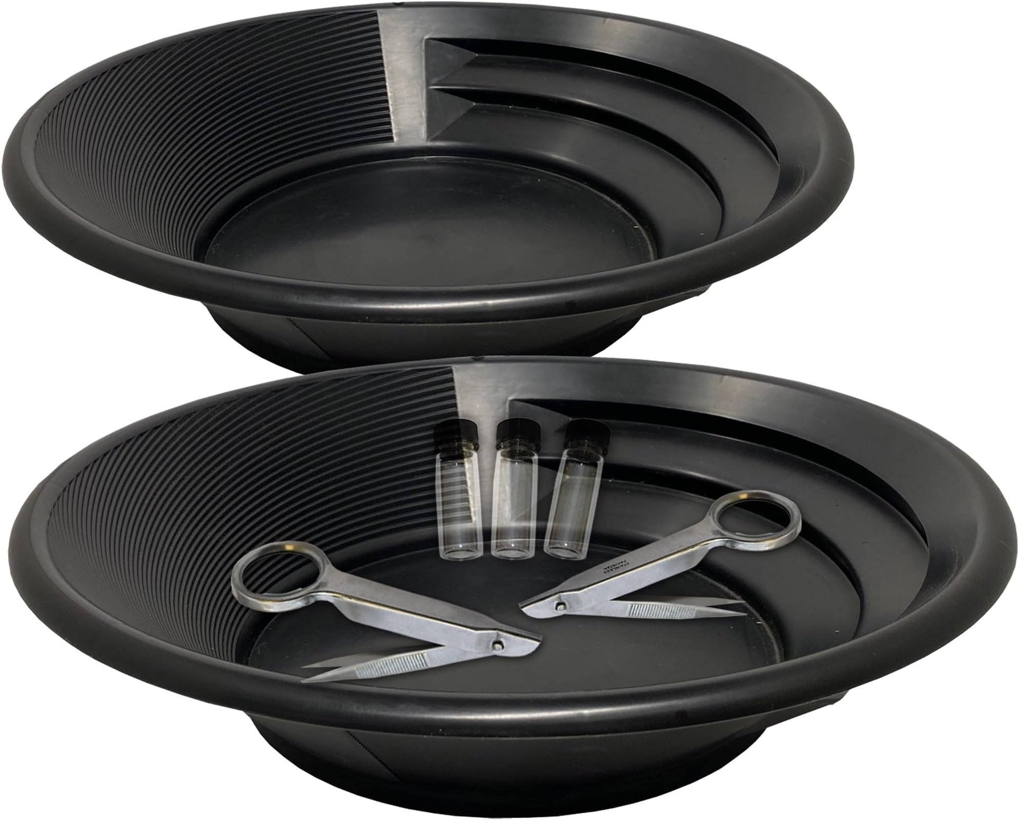 Sluice Fox Two Gold panning Kits; Black Pans with Trap and Dual riffles, Stainless Steel Magnifying Tweezers, and Three Glass Storage vials