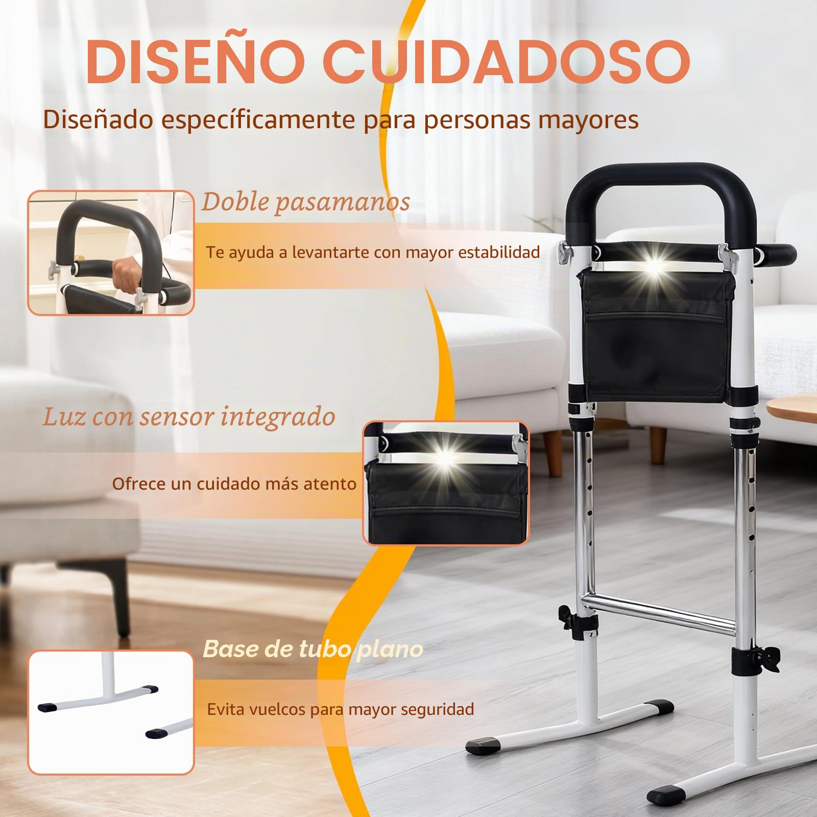 Ayuda para Levantarse y Sentarse, Soporte de Ayuda para Levantarse para Personas Mayores con Luz con Sensor y Bolsa, 5 Niveles Ajustable 75–91cm, Soporta 136 kg, para Inodoro, Sofá, Escaleras