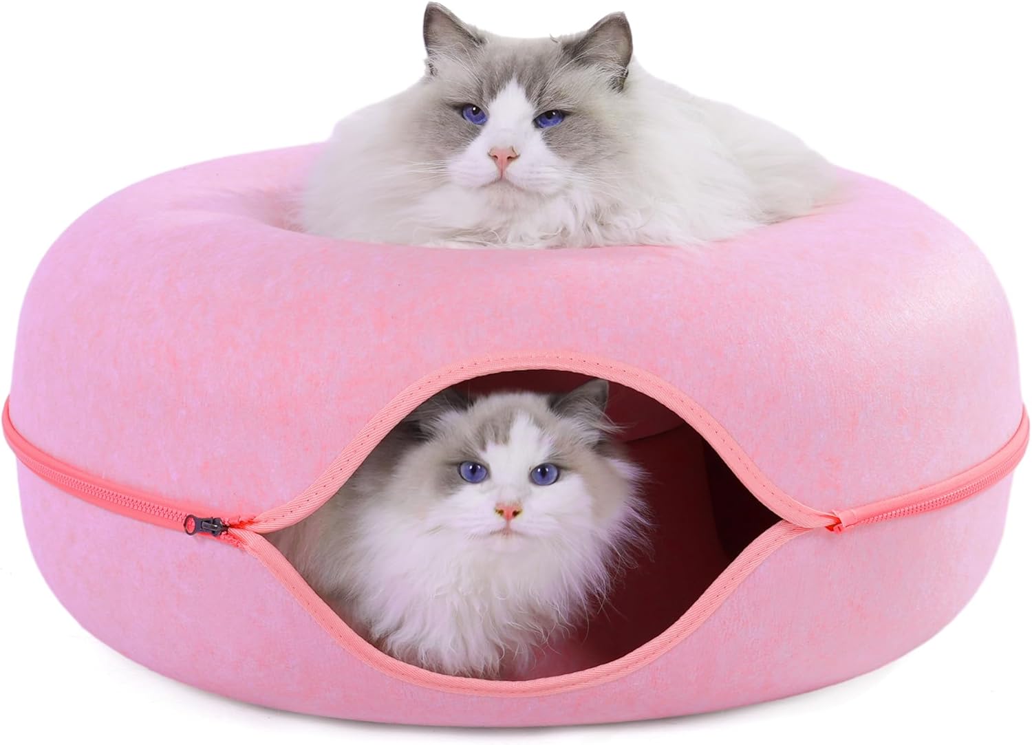 large cat tunnel bed for indoor cats with 3 toys, scratch resistant donut cat bed, up to 30 lbs (l 24x24x11, pink) l(24x24x11) pink