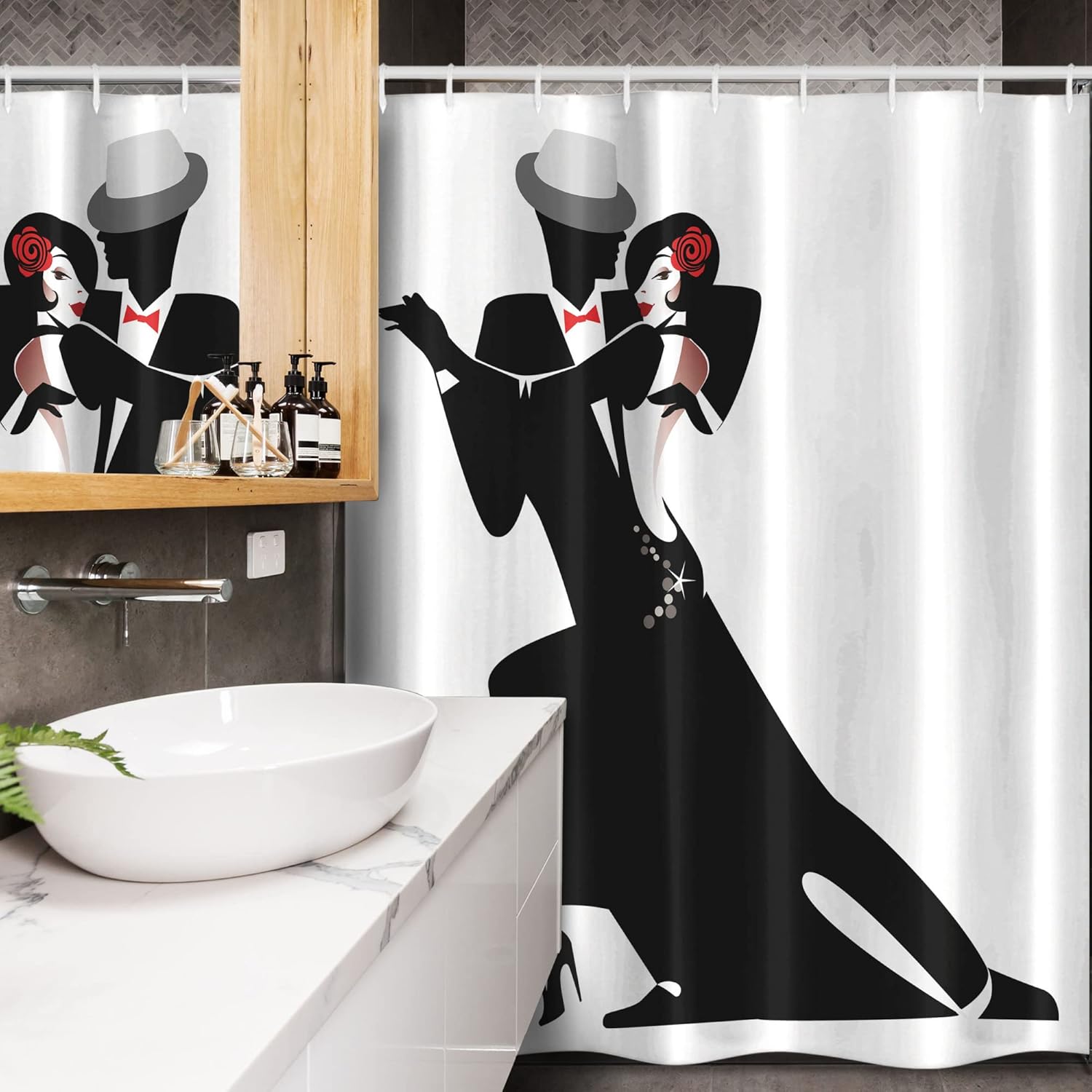Ambesonne Retro Stall Shower Curtain, Man and Woman Partners Romantic Dance Tango Waltz Lovers in Rhythmic Music Art Print, Fabric Bathroom Decor Set with Hooks, 54" W x 78" L, White Black