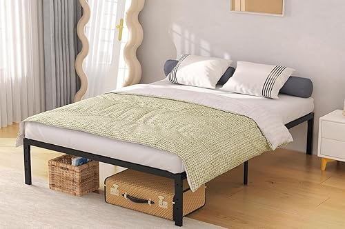 Base de cama de tamaño matrimonial, plataforma de metal, resistente con fuerte soporte de listones, no necesita somier, sin ruido, fácil montaje,