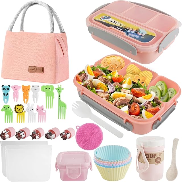 edola Lunch Box for Babies and Toddlers, 1300ml Bento Lunch Box Kids School Lunchbox with 4 Compartments Food Container Cutlery, Bento Box Accessories for Kids (Pink)