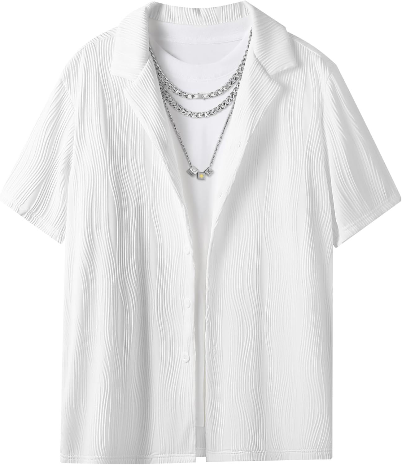 UOUA Men's Summer Button Down Shirts Short Sleeve Textured Beach Shirt Casual Hawaiian Vacation Tops - Image 6