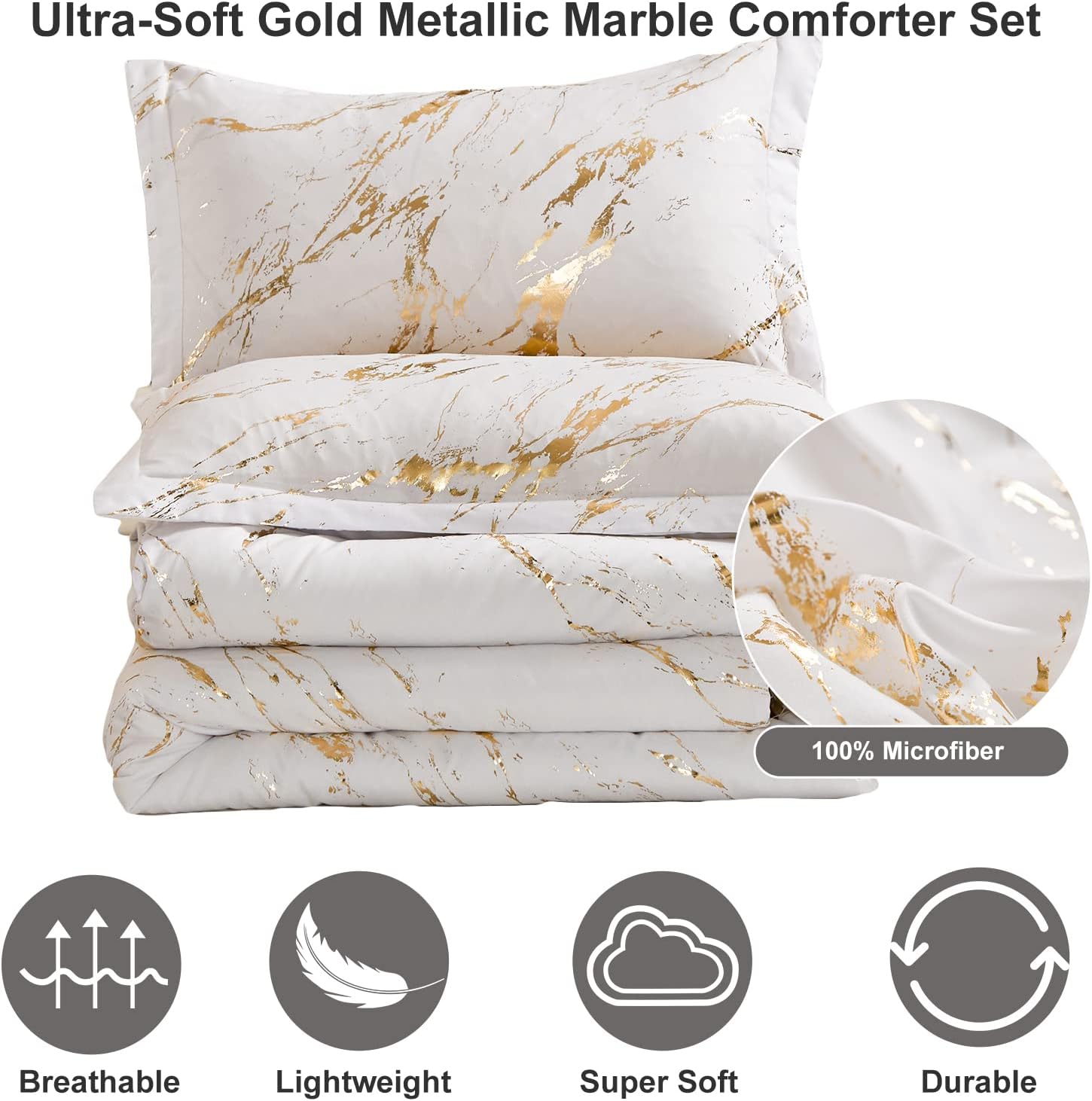 WONGS BEDDING White Gold Metallic Marble Comforter Set Queen Foil Print Glitter Bedding Sets with 2 Pillowcases for All Seasons, Soft Microfiber Filling Bedding Duvet Set 90"x90" - Image 3