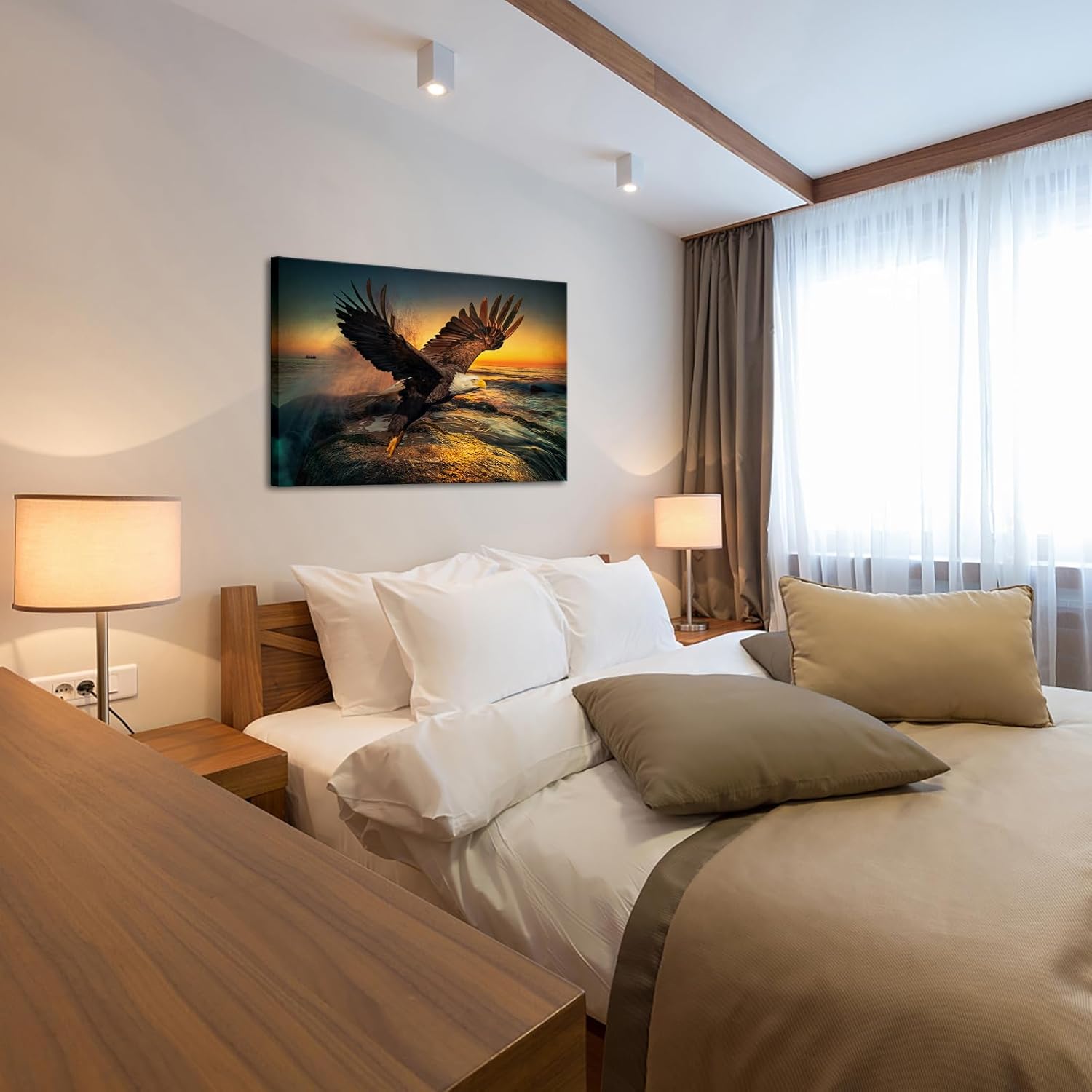 RnnJoile Bald Eagle Wall Art Large Flying Eagle Painting Prints Bird Sea Sunrise Picture Artwork Decorations Framed 24"x36"