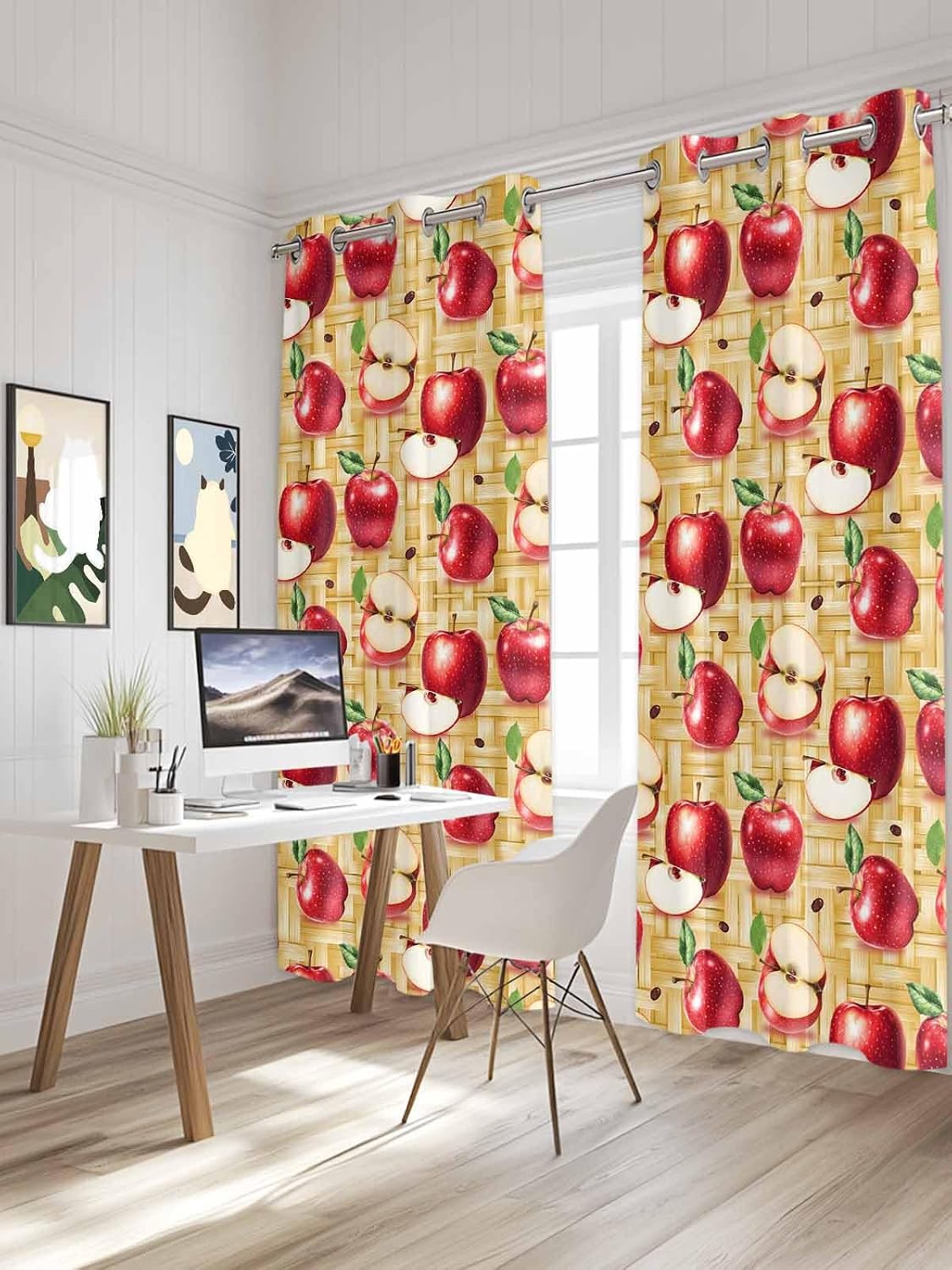 Red Apples Window Curtains 84 Inches Length, Yellow Weave Fruits Country Rustic Grommet Kitchen Cafe Curtains & Drapes Window Treatment for Living Room/Laundry Room/Bedroom 84Wx84H