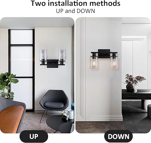 Miniatura 4 de Lámpara de tocador de baño negra mate de 2 luces, lámparas de baño sobre espejo con pantalla de vidrio transparente, modernos apliques de pared de