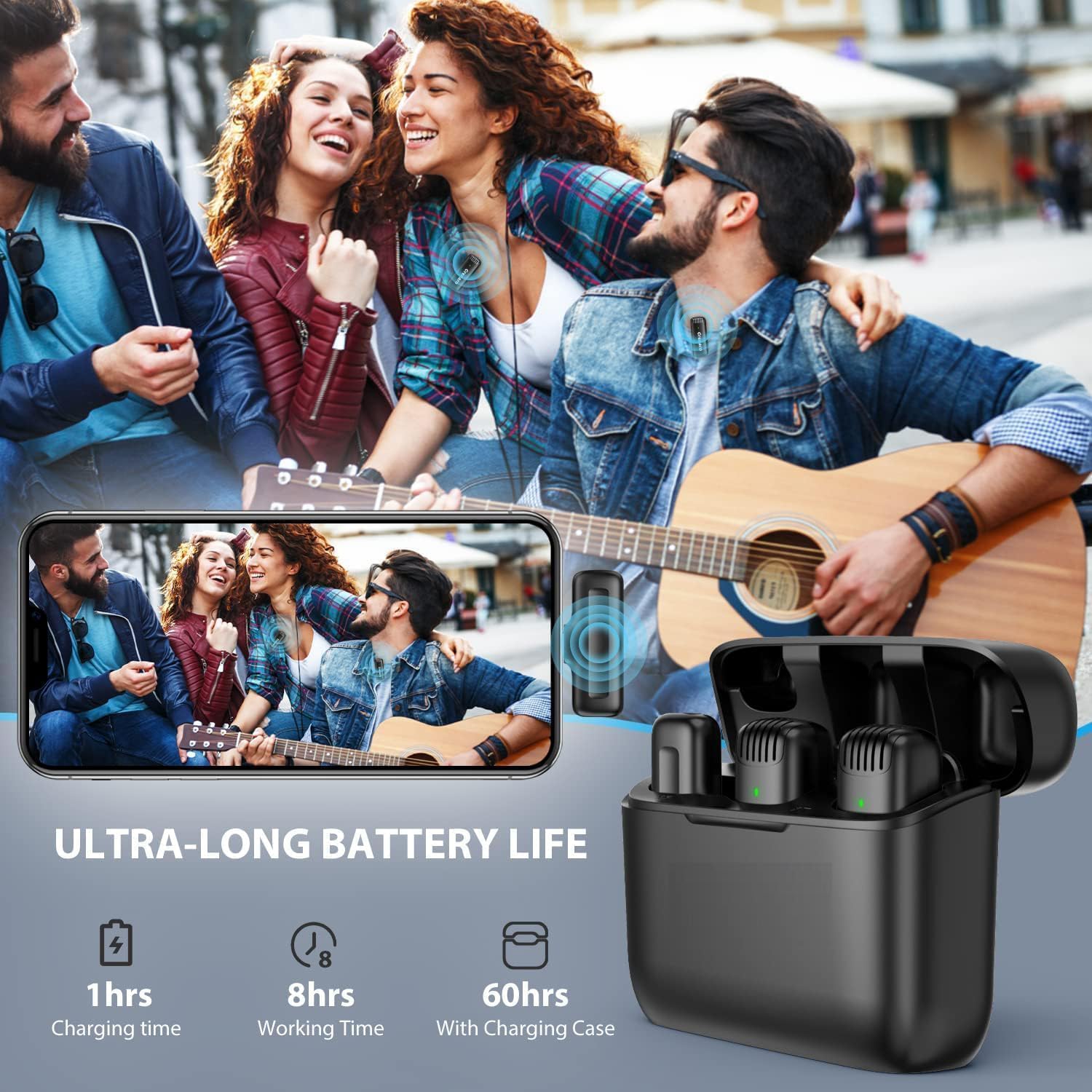 SKYCELL Microfono wireless J13, risvolto con riduzione del rumore con custodia di ricarica, wireless a doppio canale per YouTube, registrazione video, Facebook, compatibile con Type-C e iPhone