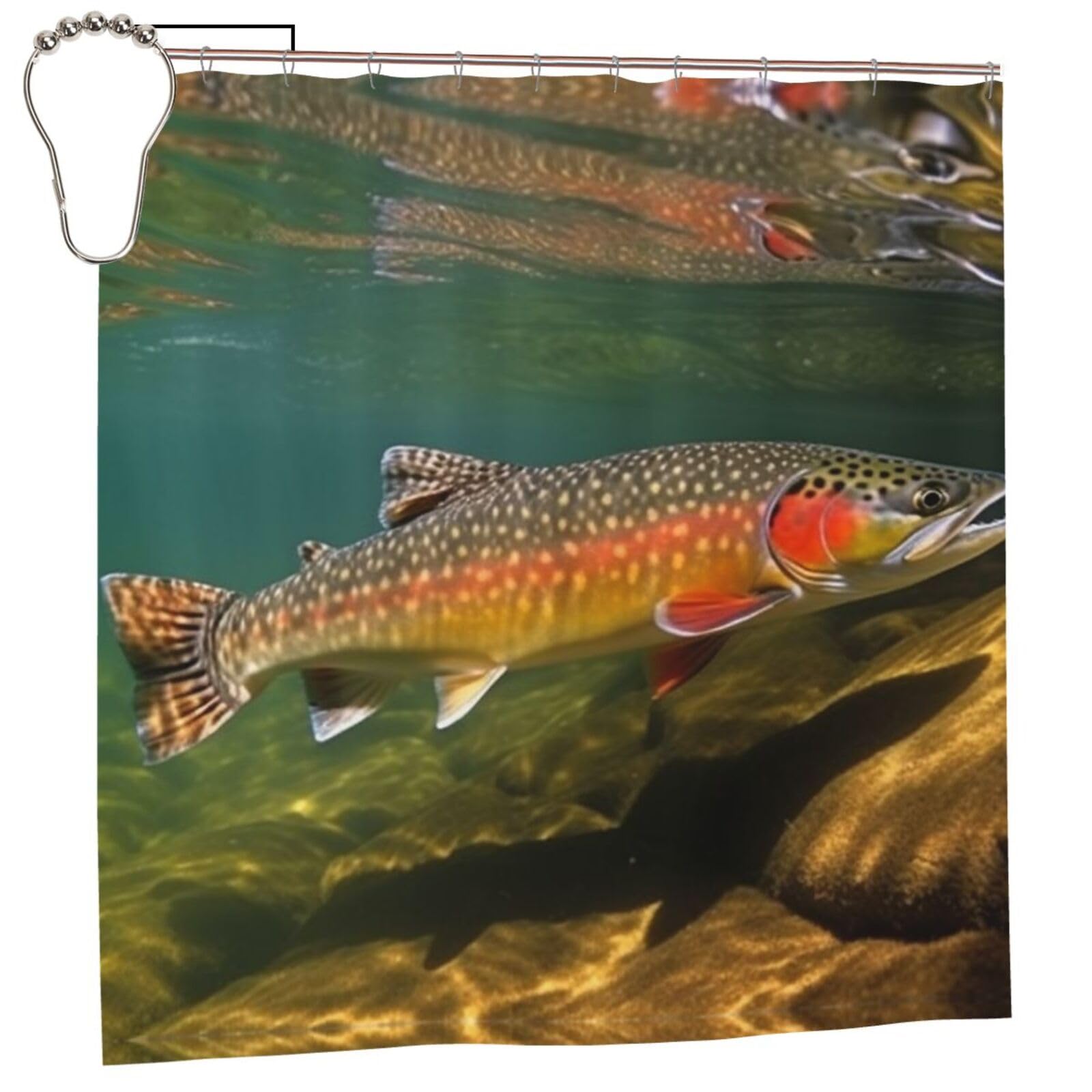 FodPand Brook Trout Fly Fishing Shower Curtain 70"x70" Waterproof Long Bathroom Curtain Heavy Duty Thick Cloth Bath Curtain Set with Hooks, Modern Abstract Art Pattern Bathroom Shower Curtains
