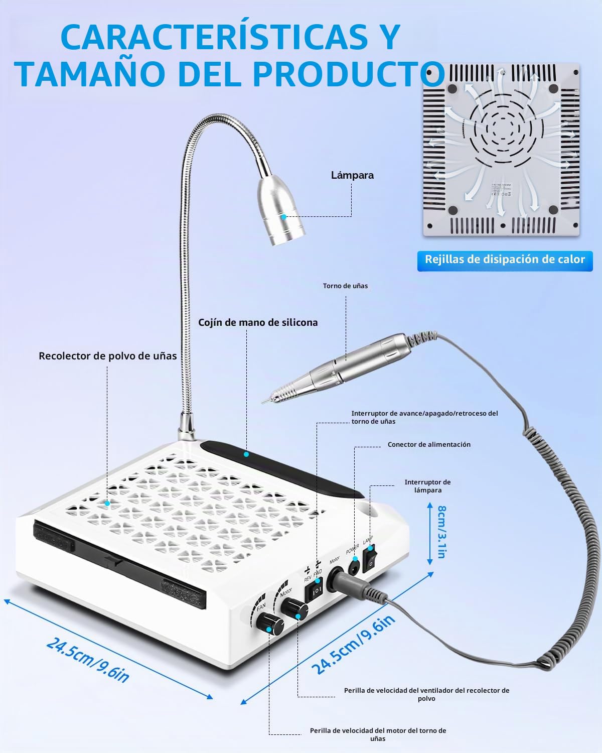 4 In 1 Torno para Uñas Profesional, Aspirador Uñas, Reposabrazos Manicura con Luz Led Ajustable de 360°, 30000 Rpm Lima Electrica Uñas, Drill para Uñas para Uso Doméstico y Salones de Uñas