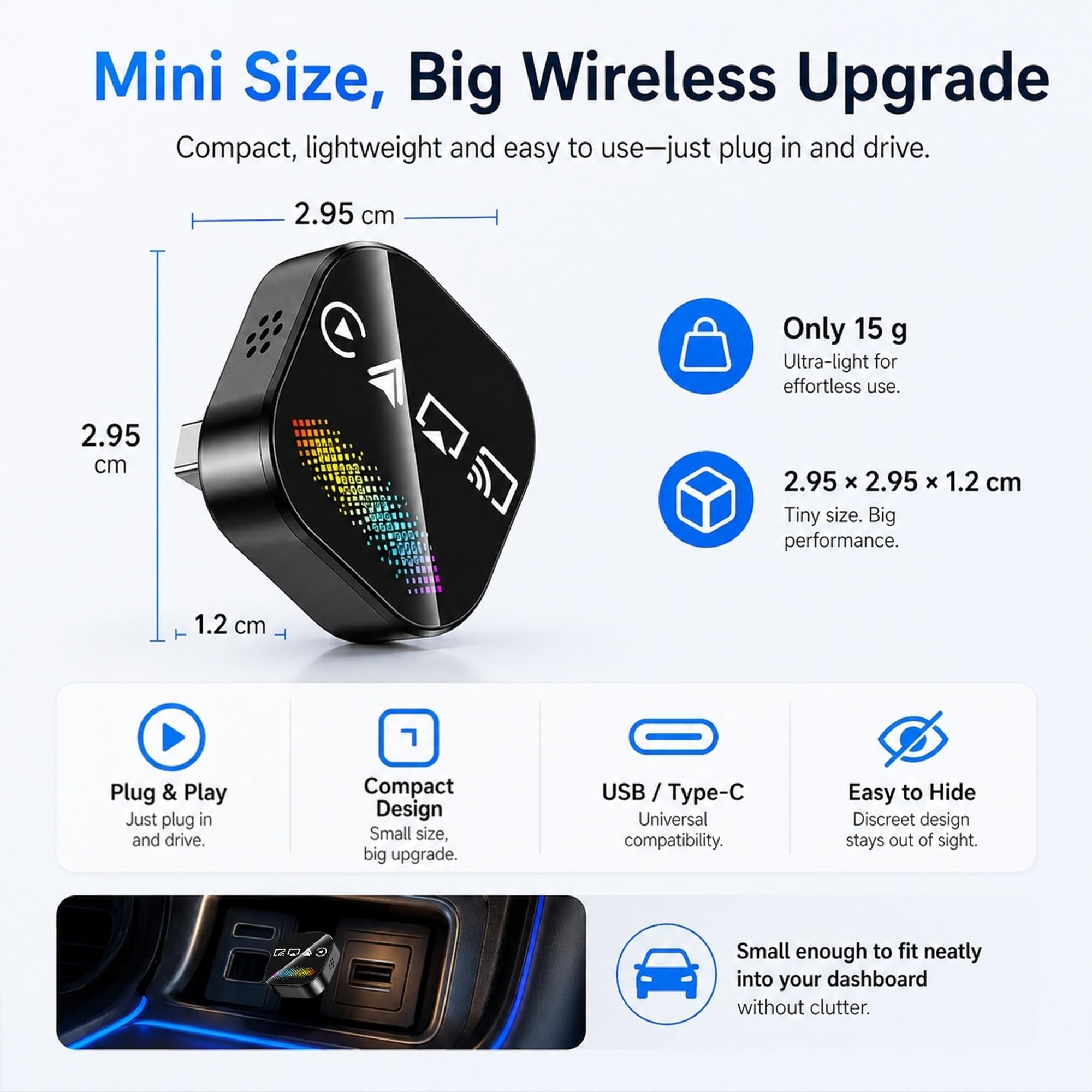 auvstar Adaptateur CarPlay & Android Auto sans Fil, 2026 Optimisé 4en1 RGB Mirror Link USB/Type-C iOS 11+ Android 12+ Voitures avec CarPlay Filaire à partir de 2016