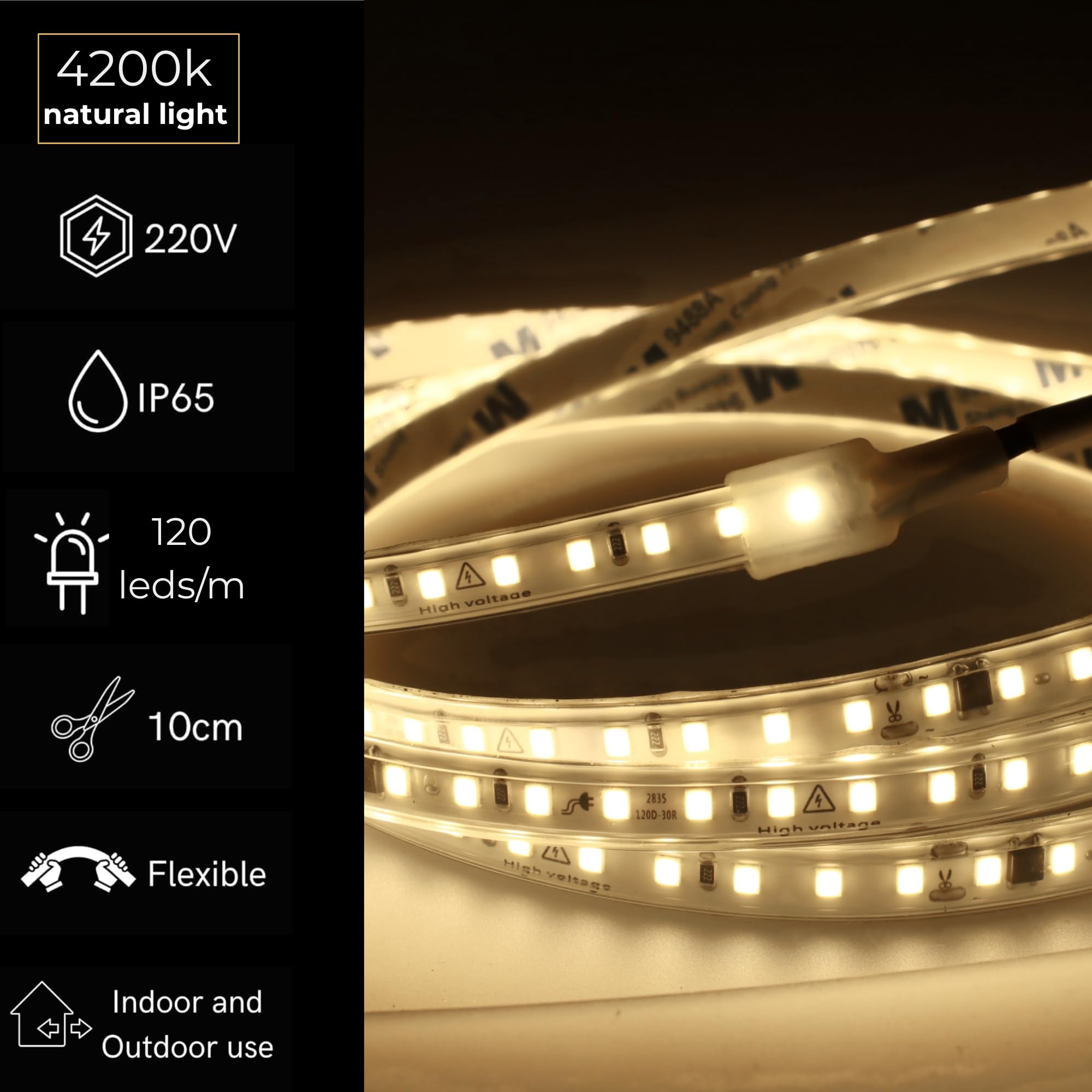 Jandei - Tira Led Autorrectificada 220V 15W/m SMD2835, 120 Leds/m, Adhesiva, IP65 Apta para Exteriores. Ancho Tira 9,5mm – Bobina 20 MTS (Luz Natural 4200k)