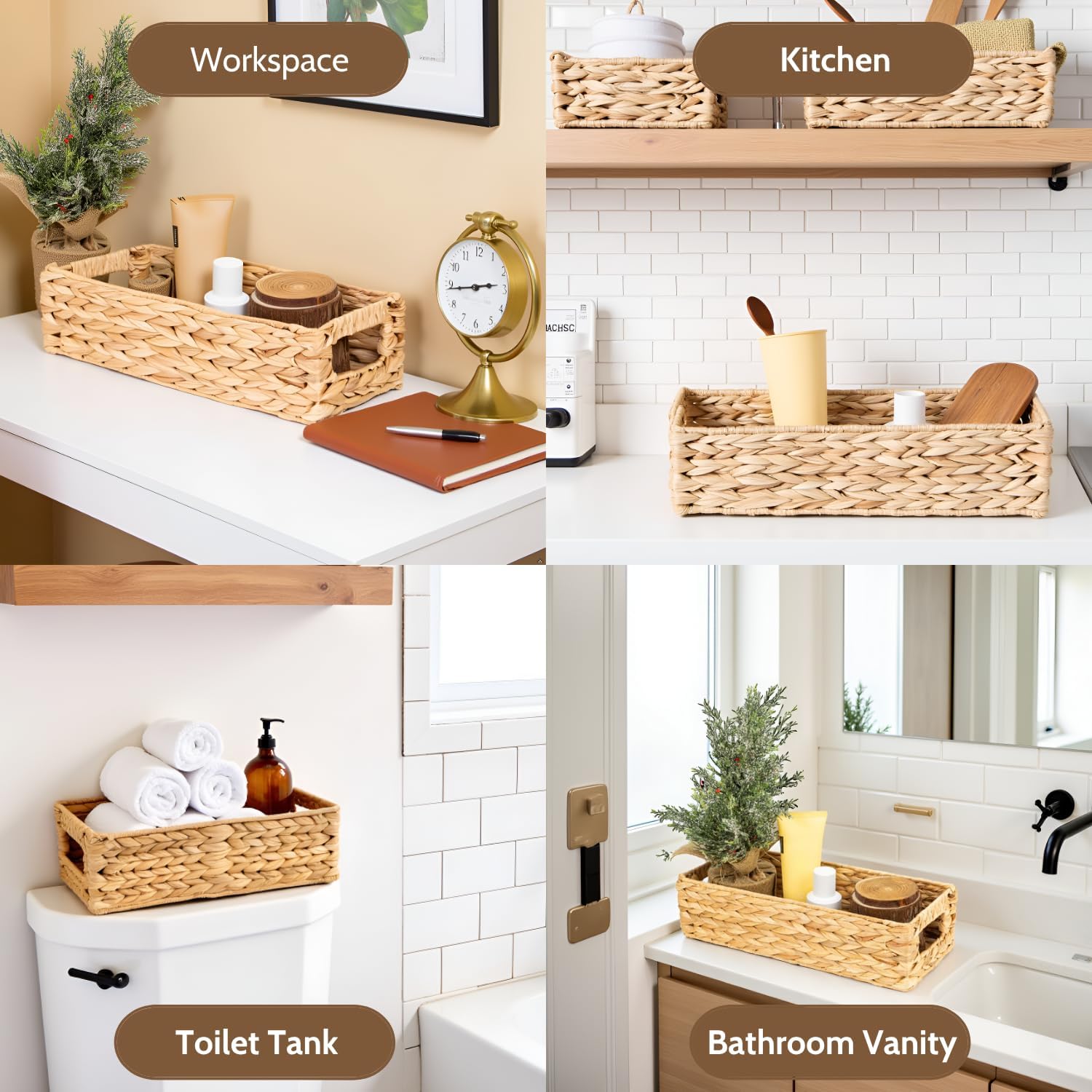 Toilet Paper Basket for Back of Toilet Tank, Water Hyacinth Wicker Storage Basket with Handles, Long Narrow Bathroom Organizer, Herringbone Style, 2pcs Medium + Large