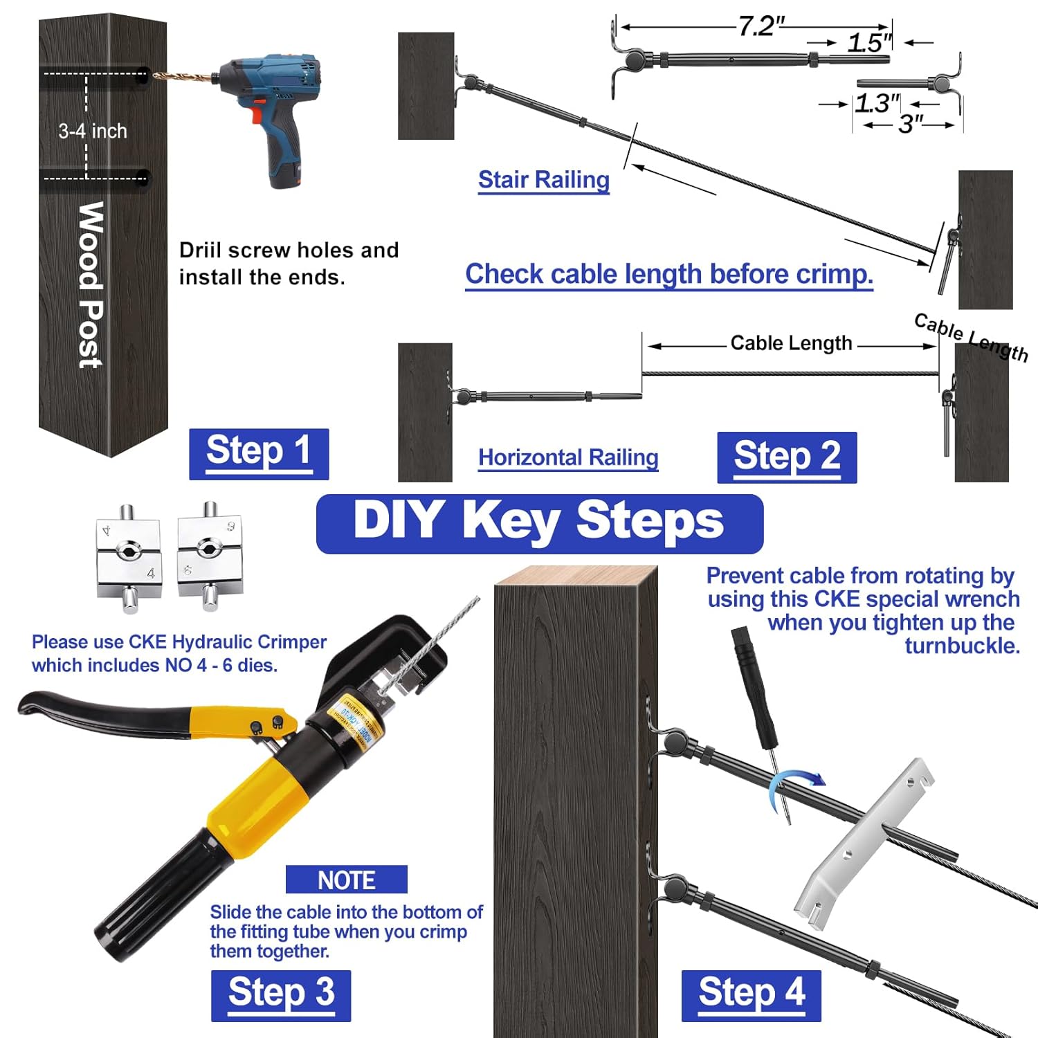 CKE 30 Pairs Black Cable Railing Kit 3/16" Swage Toggle Turnbuckle Cable Railing Hardware T316 Stainless Steel for Wood Post Cable Railing System Wire Rope Angle 180° Adjustable Angle Stairs, BCR25