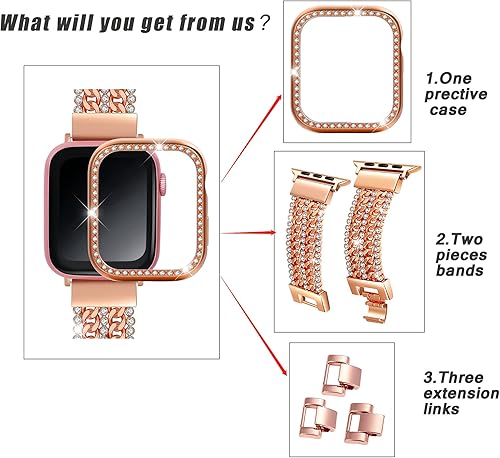 Miniatura 10 de Cadenas de metal de cristales y vaquero compatibles con Apple Watch con funda protectora brillante de 1.496 pulgadas, 1.575 pulgadas, 1.614 Negro