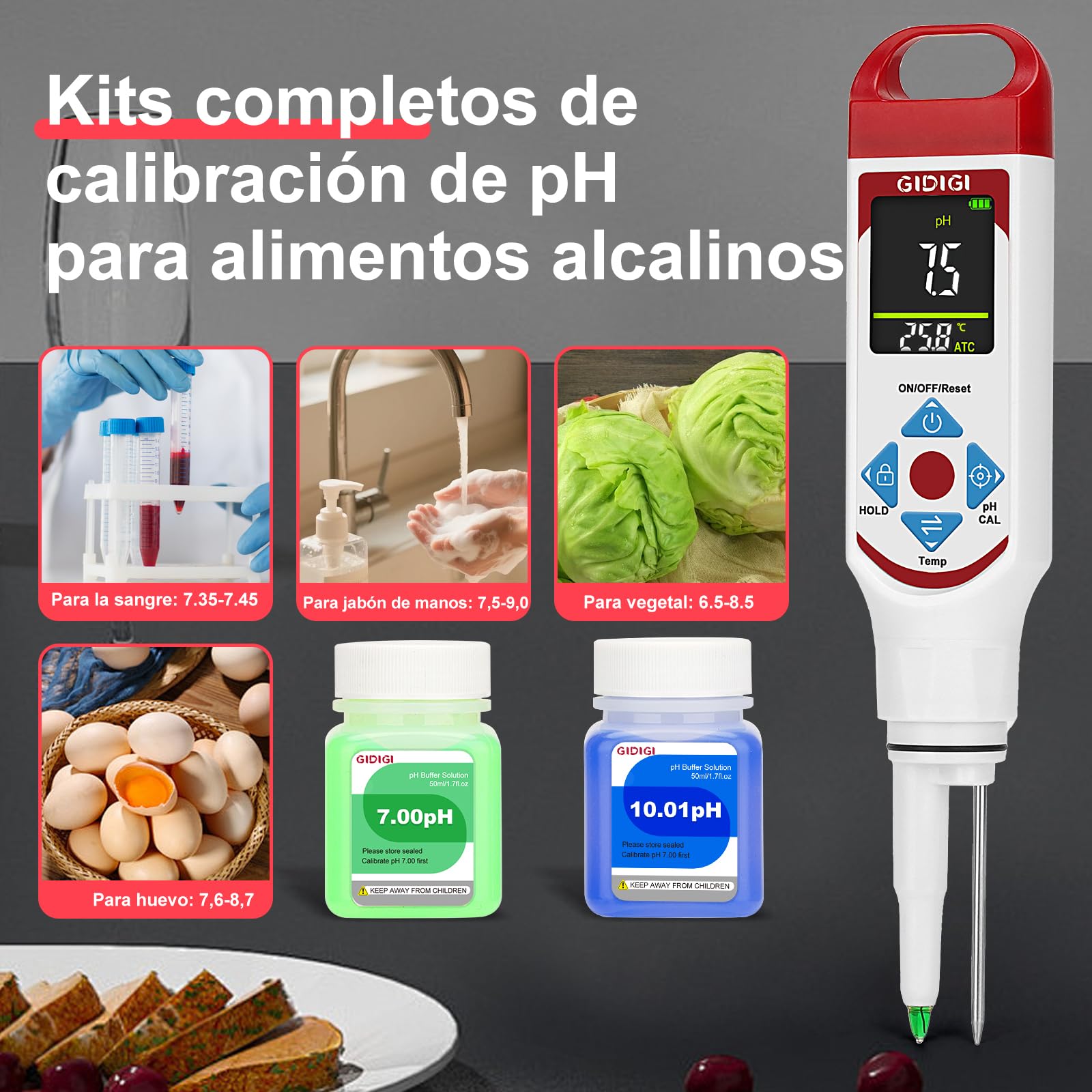 Phmetro Alimentos Medidor pH Digital con Sonda Punta de Lanza para Masa Madre Fermentación Salsas Calientes Vino