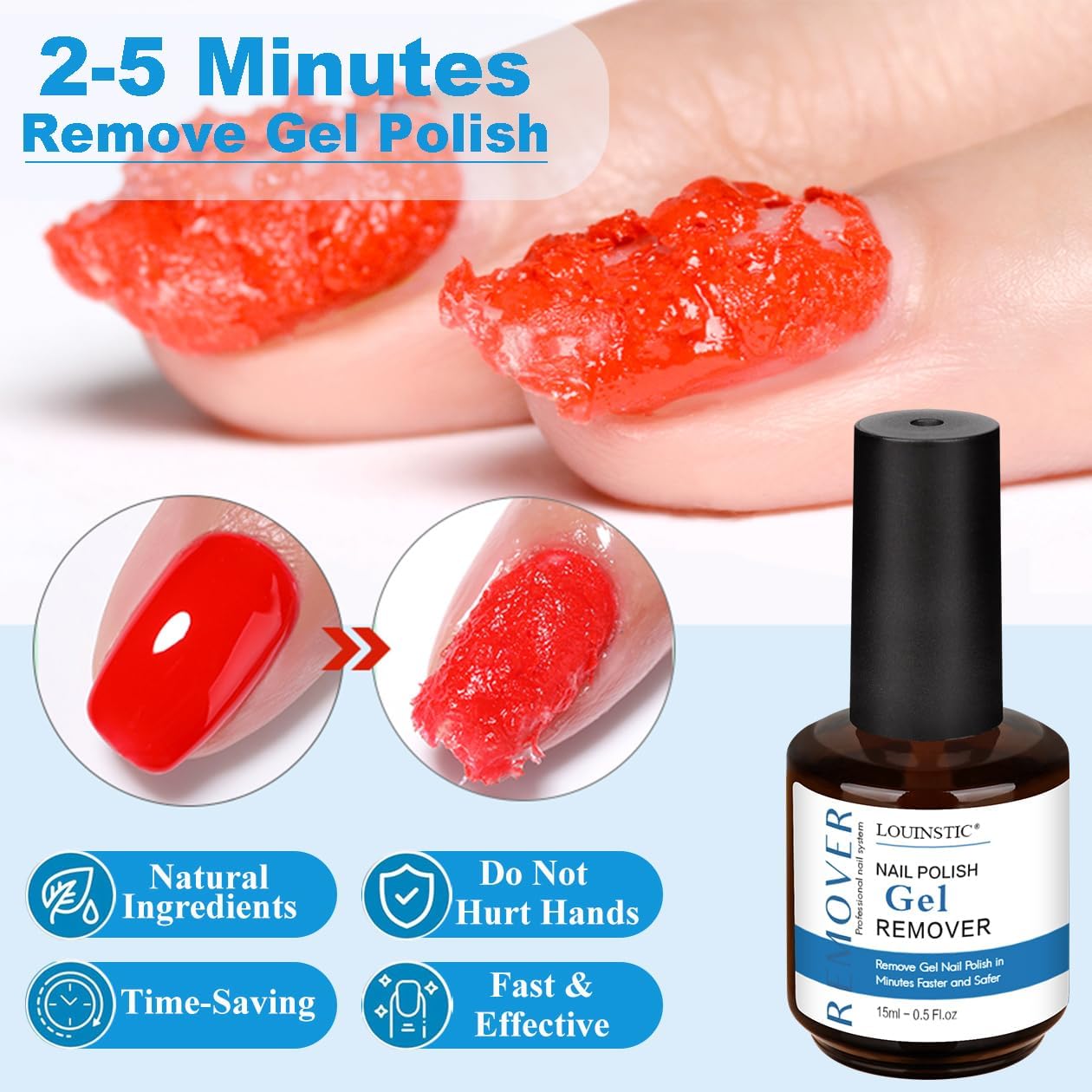 LOUINSTIC Gel Polish Remover for Nails – 2 Pack (30ml)，Fast 2–5 Min Gel Removal, Acetone-Free & Gentle, No Soak or Foil Needed, Ideal for At-Home DIY Manicures