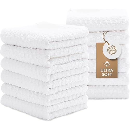 Super Absorbent Kitchen Towels 12 Pack - Premium 100% Cotton Kitchen Towels, 450GSM Thick Machine Washable White Dish Towels for Kitchen Drying, Cleaning, Dobby Weave, Unmatched Quality