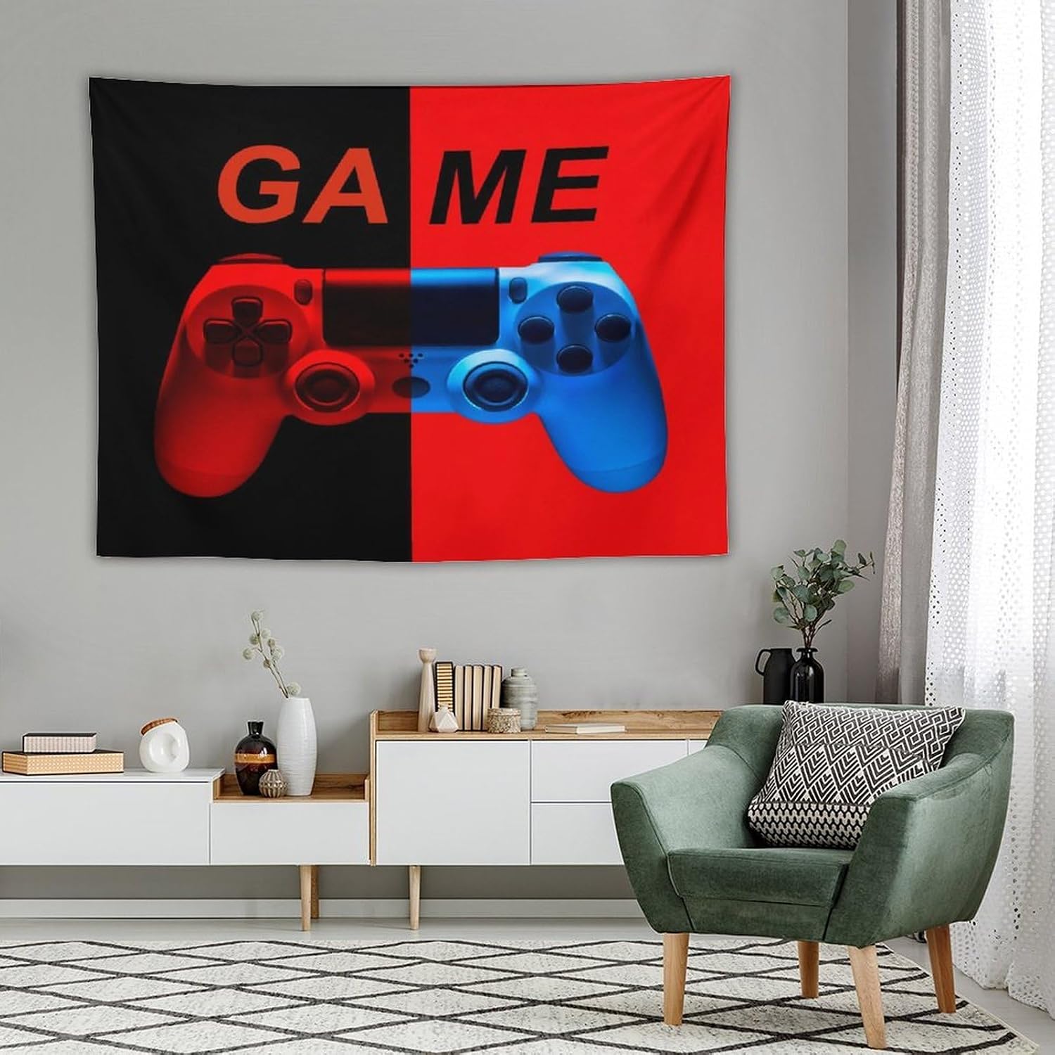 VUMIVI Gamer Tapestry Video Game Controller Wall Hanging Cool Red And Blue Neon Light Gamepad Pattern Esports Gaming Setup Room Decor Backdrop for Teen Boys Men Bedroom W80xL60in
