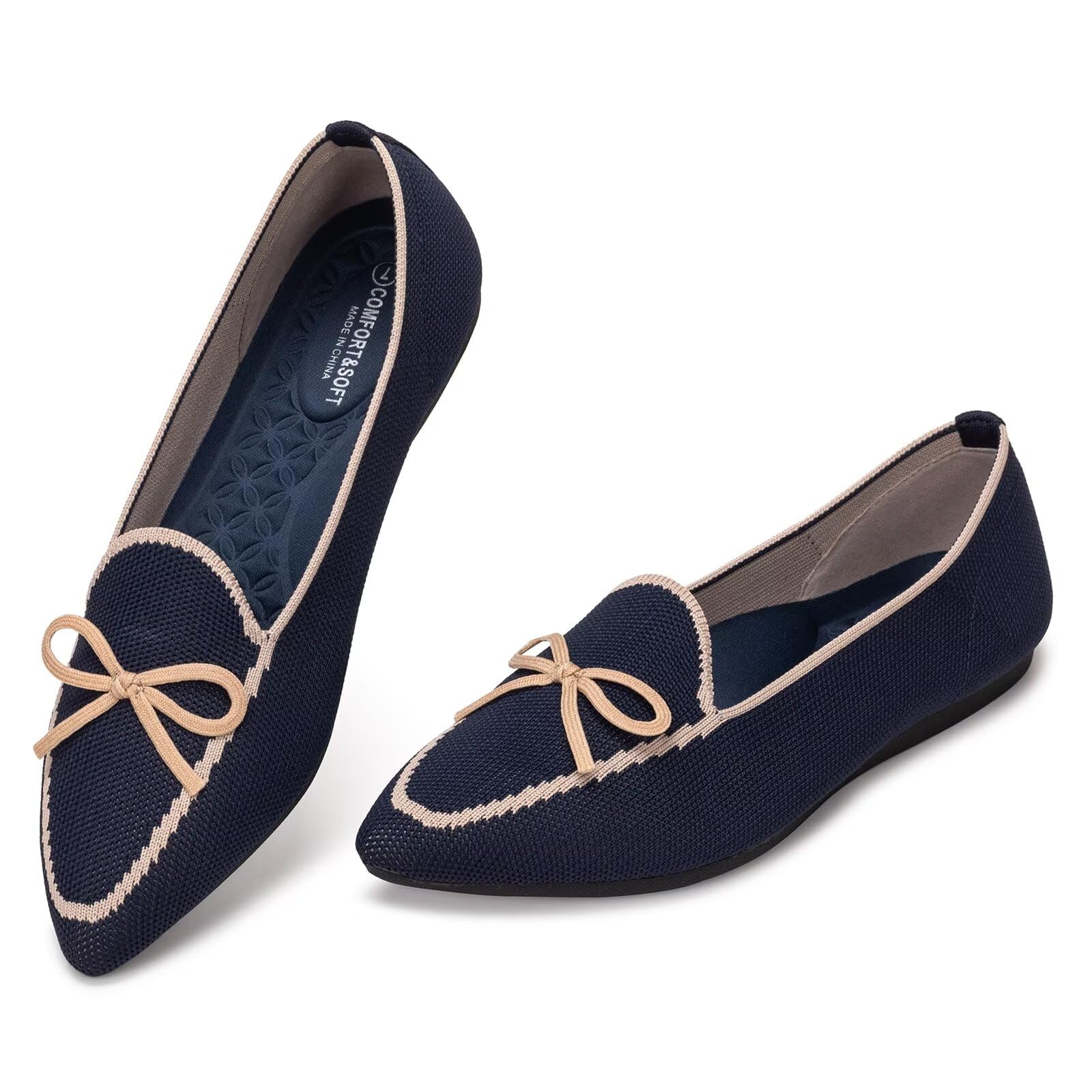 Frank Mully Loafer Flats für Damen Lässiger Strickstoff Schuhe Waschbar Schnürschuhe mit spitzer Zehenpartie Bequeme Schuhe im Ballettstil für