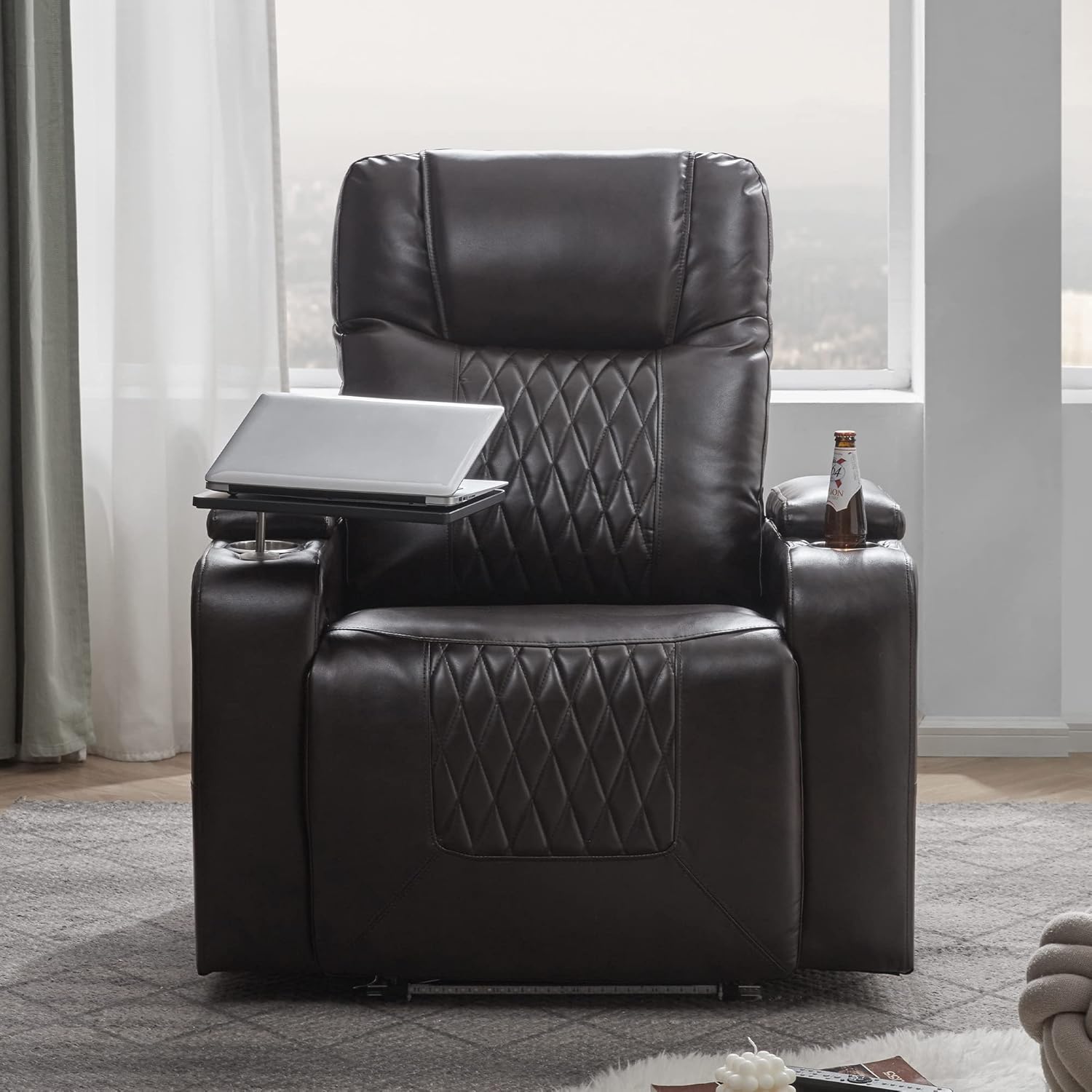 Flieks Power Motion Recliner with Ambient Lighting, USB Charge Port, 2 Convenient Cup Holders - Ambient Lighting Gaming Recliner Chair Home Theater Seating (Black)