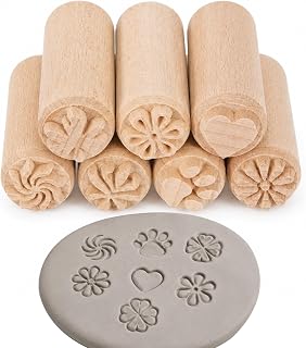 7 Stück Holz Keramik Werkzeuge Stempel Säule Holz Stempel Rund Stempels Stempelset Motivstempel Knetstempel Tonstempel Gemischten Mustern für Keramik Ton Kekse Scrapbooking 5x2cm