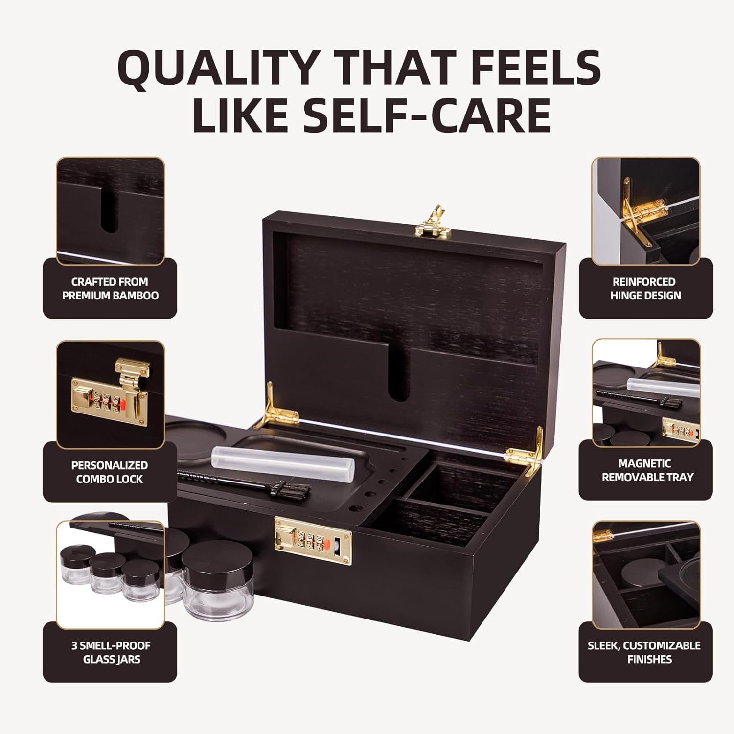 Lockable bamboo storage box with removable tray and partitioned wooden decorative storage box, including jars, brushes, and tubes — odor-resistant container for home organization and storage (black)