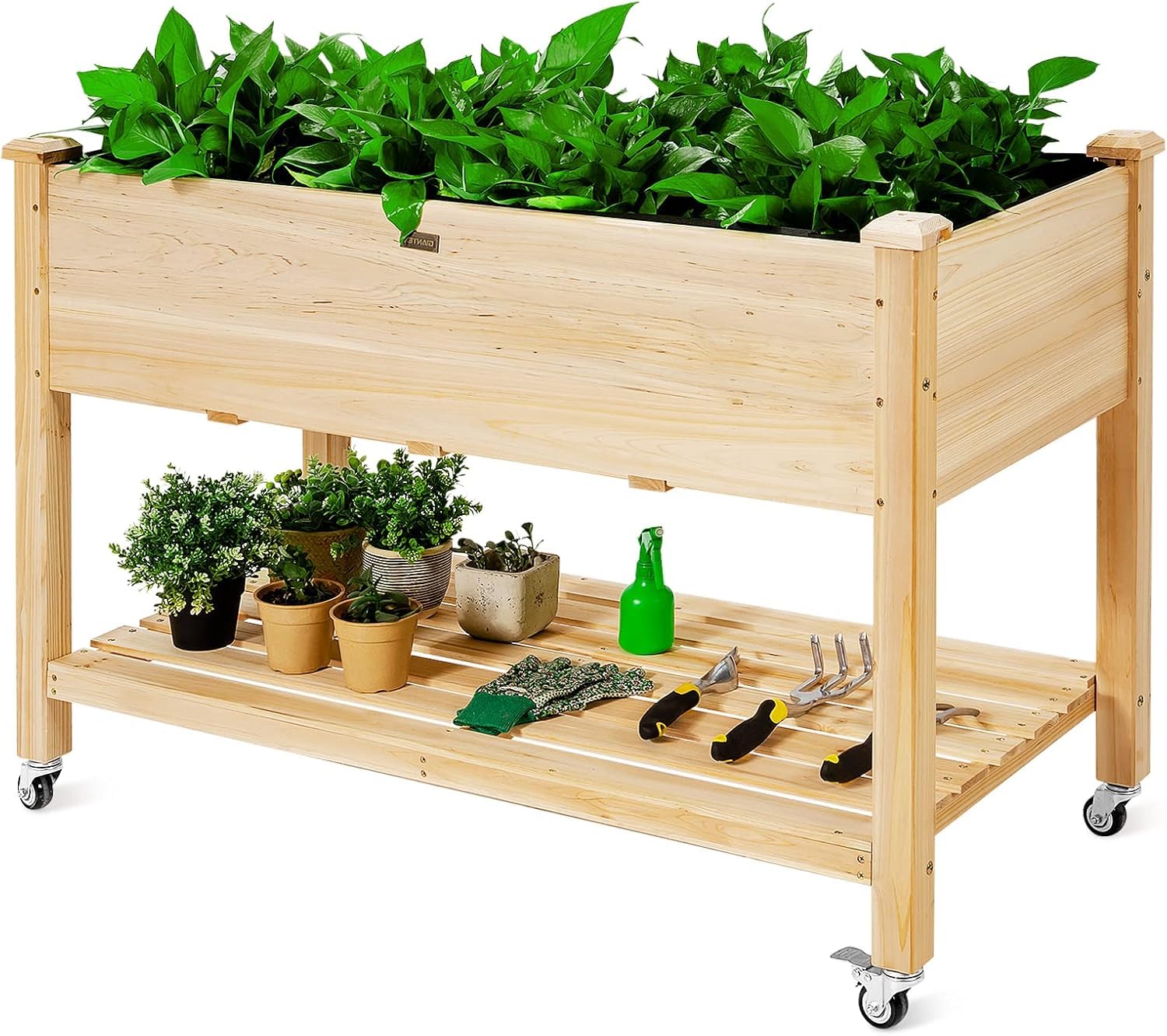 GOPLUS Jardinera Exterior con Ruedas Bloqueables y Estante, Cama Elevada de Madera de Abeto con Agujeros de Drenaje y Forro no Tejido, Huerto Urbano para Flores Hierbas Verduras, 120 x 59 x 84 cm