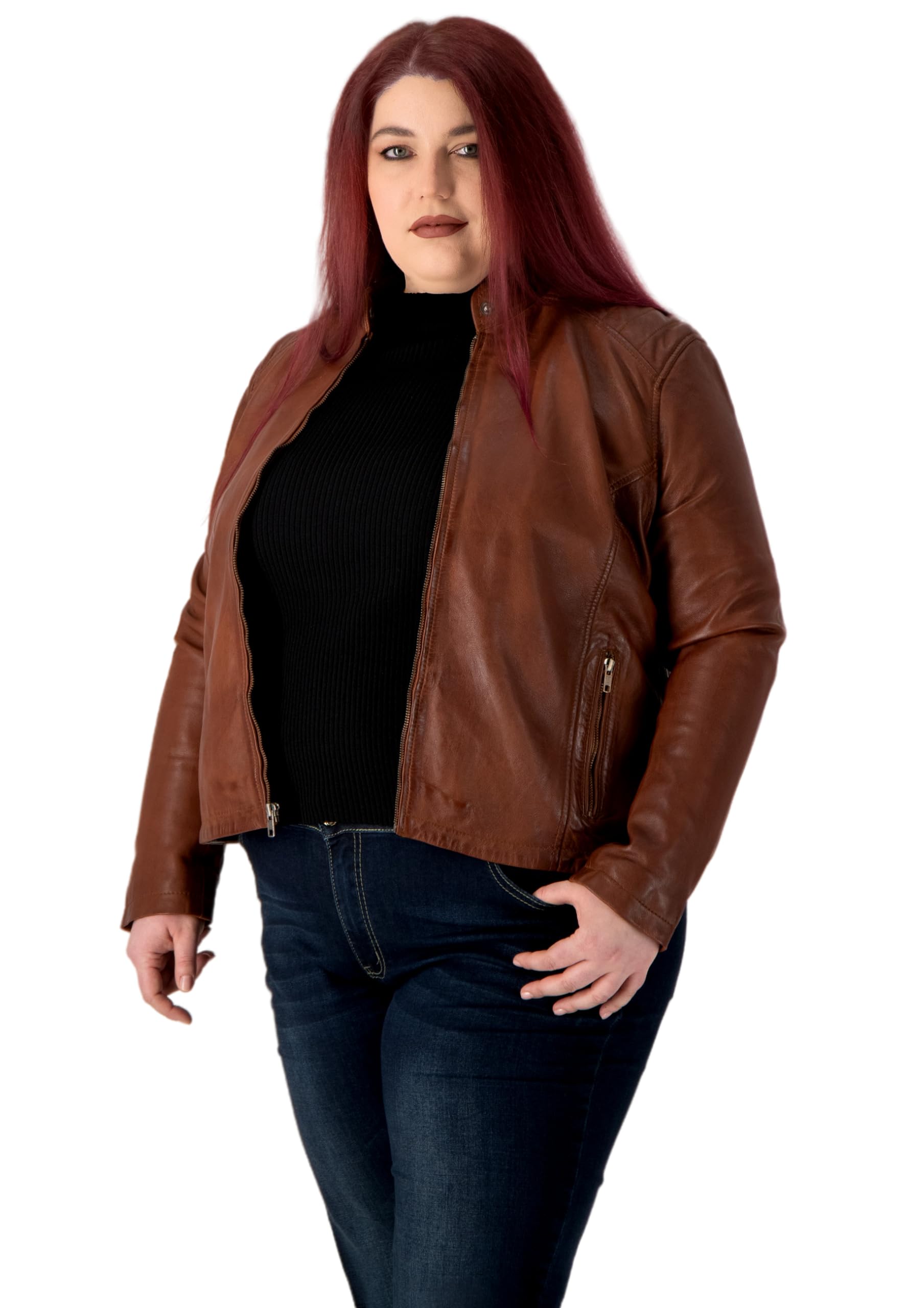 URBAN 5884 Riley Women's Leather Jacket, Real Lambskin Jacket for Plus Size, Durable and Soft to the Touch, Cognac, 48 Große Größen