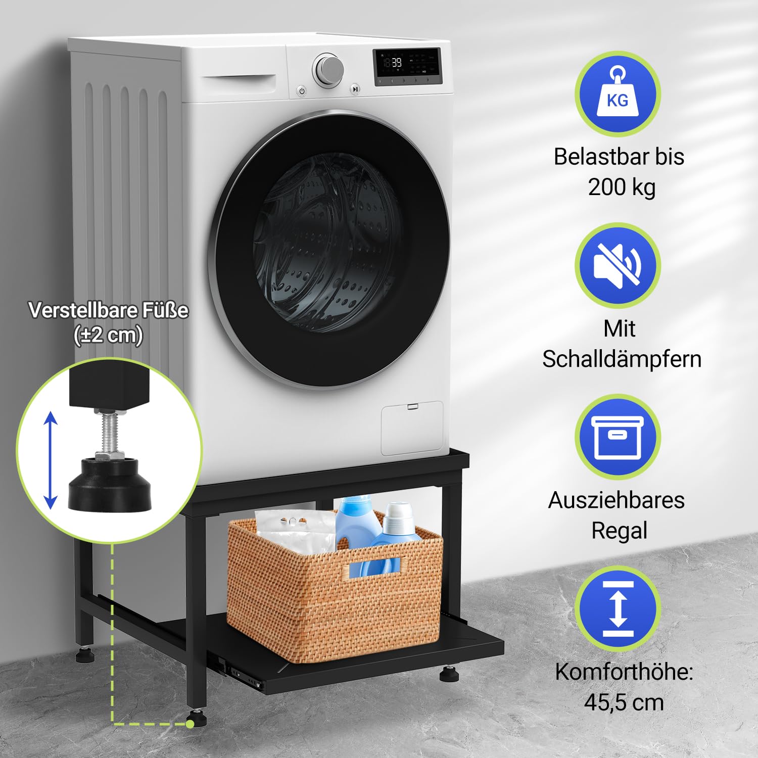Herrselsam Soporte para lavadora con cajón, 45,5 cm de altura, capacidad de carga de 200 kg, soporte con patas ajustables y almohadillas antivibraciones, pedestal para secadora, frigorífico, lavadora