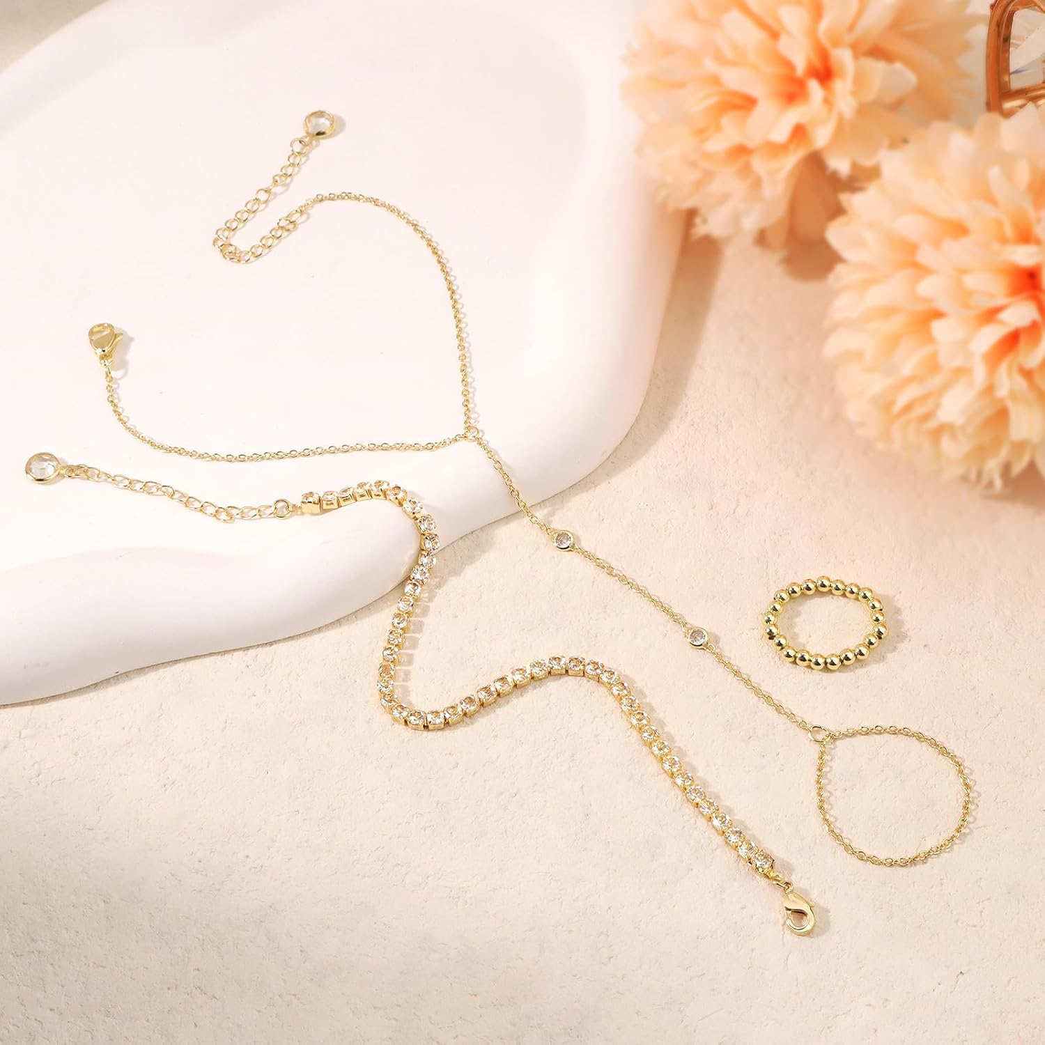 Gold Hand Chain Bracelet for Women-3PCS 14K Gold Plated Trendy Dainty Adjustable Stackable Tennis Link Ring Bracelet Hand Chain, Elastic Beaded Rings Non Tarnish Jewelry Gift for Women - Image 3